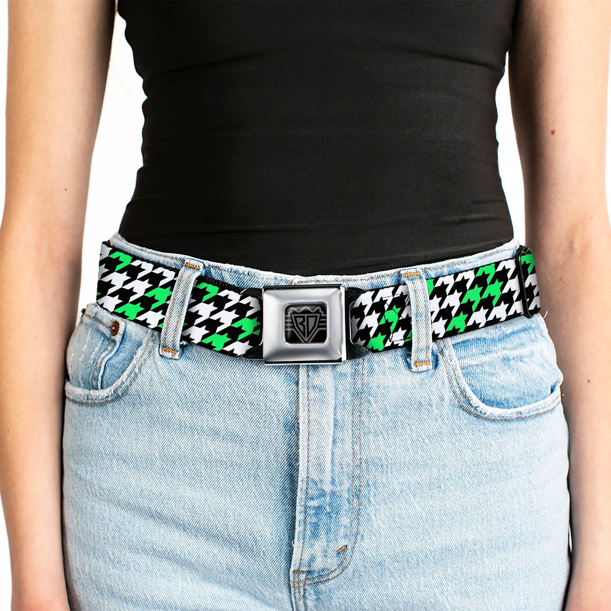 BD Wings Logo CLOSE-UP Full Color Black Silver Seatbelt Belt - Houndstooth Black/White/Neon Green Webbing Seatbelt Belts Buckle-Down