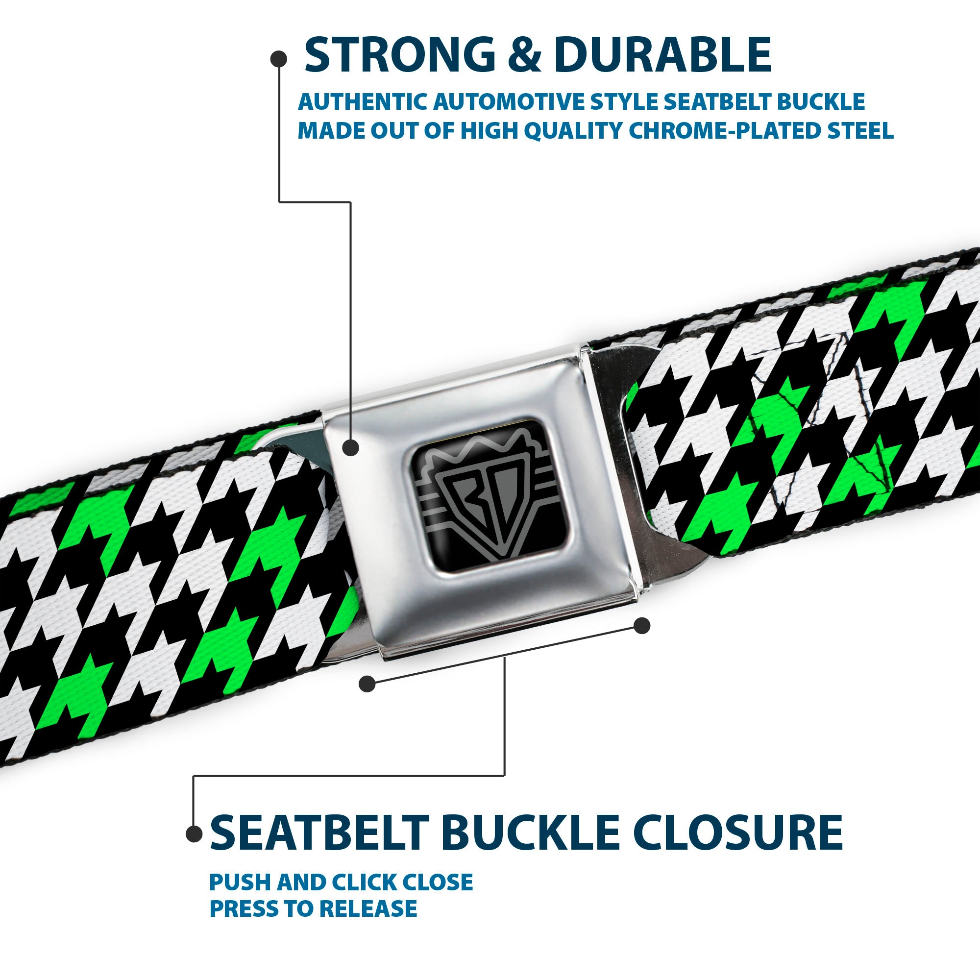 BD Wings Logo CLOSE-UP Full Color Black Silver Seatbelt Belt - Houndstooth Black/White/Neon Green Webbing Seatbelt Belts Buckle-Down