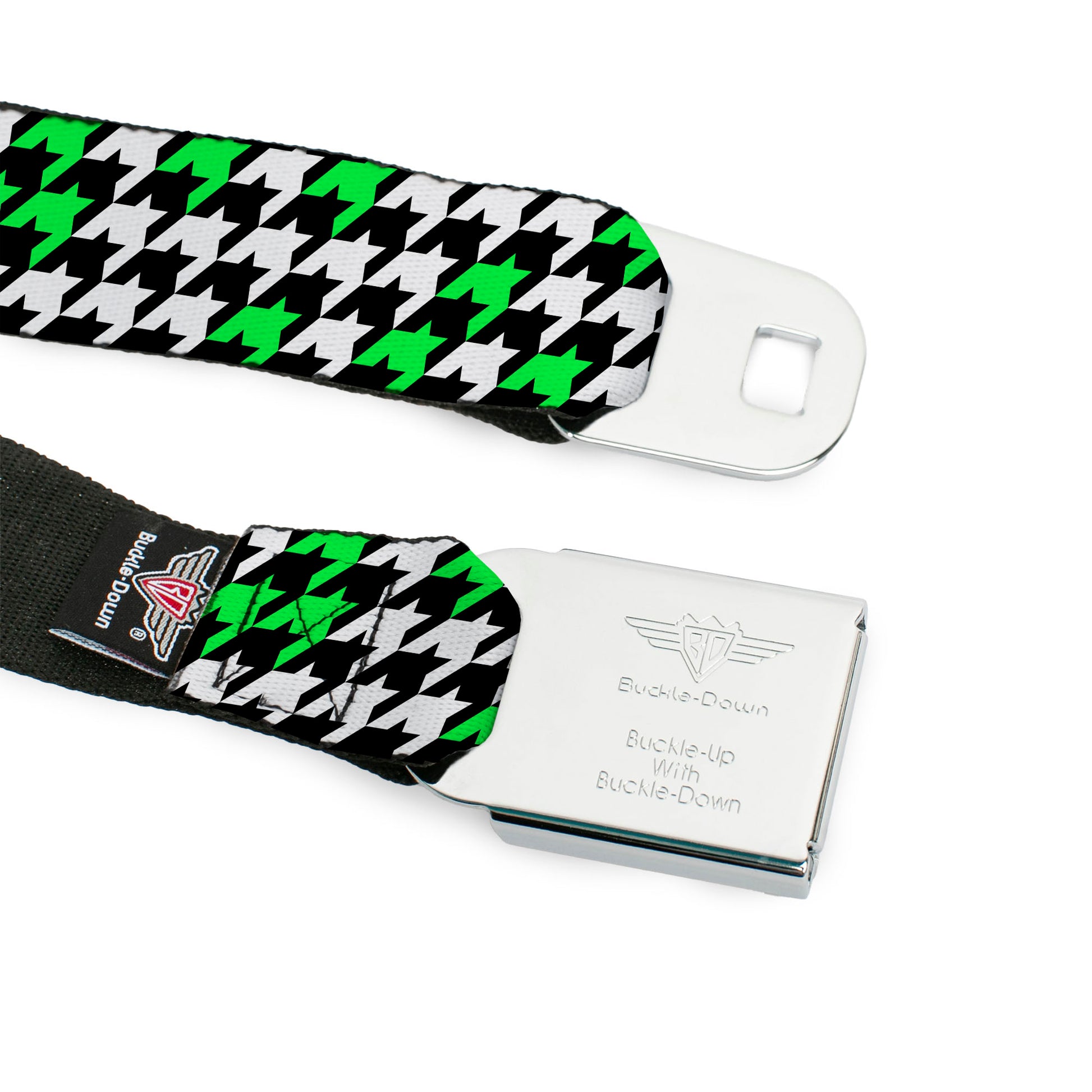 BD Wings Logo CLOSE-UP Full Color Black Silver Seatbelt Belt - Houndstooth Black/White/Neon Green Webbing Seatbelt Belts Buckle-Down