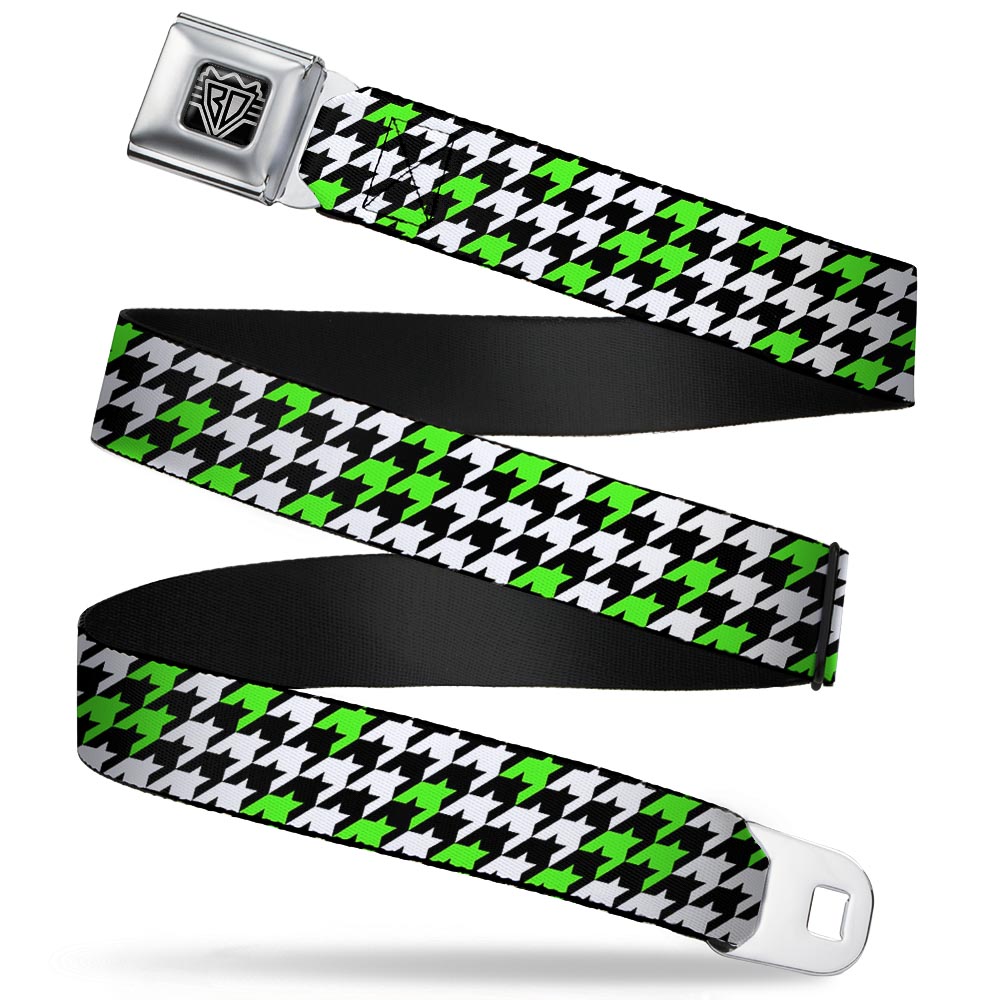 BD Wings Logo CLOSE-UP Full Color Black Silver Seatbelt Belt - Houndstooth Black/White/Neon Green Webbing Seatbelt Belts Buckle-Down