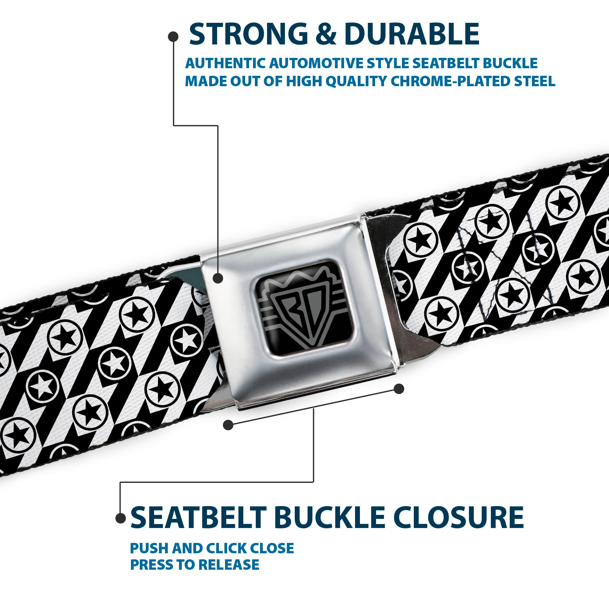 BD Wings Logo CLOSE-UP Full Color Black Silver Seatbelt Belt - Houndstooth Star Black/White Webbing Seatbelt Belts Buckle-Down