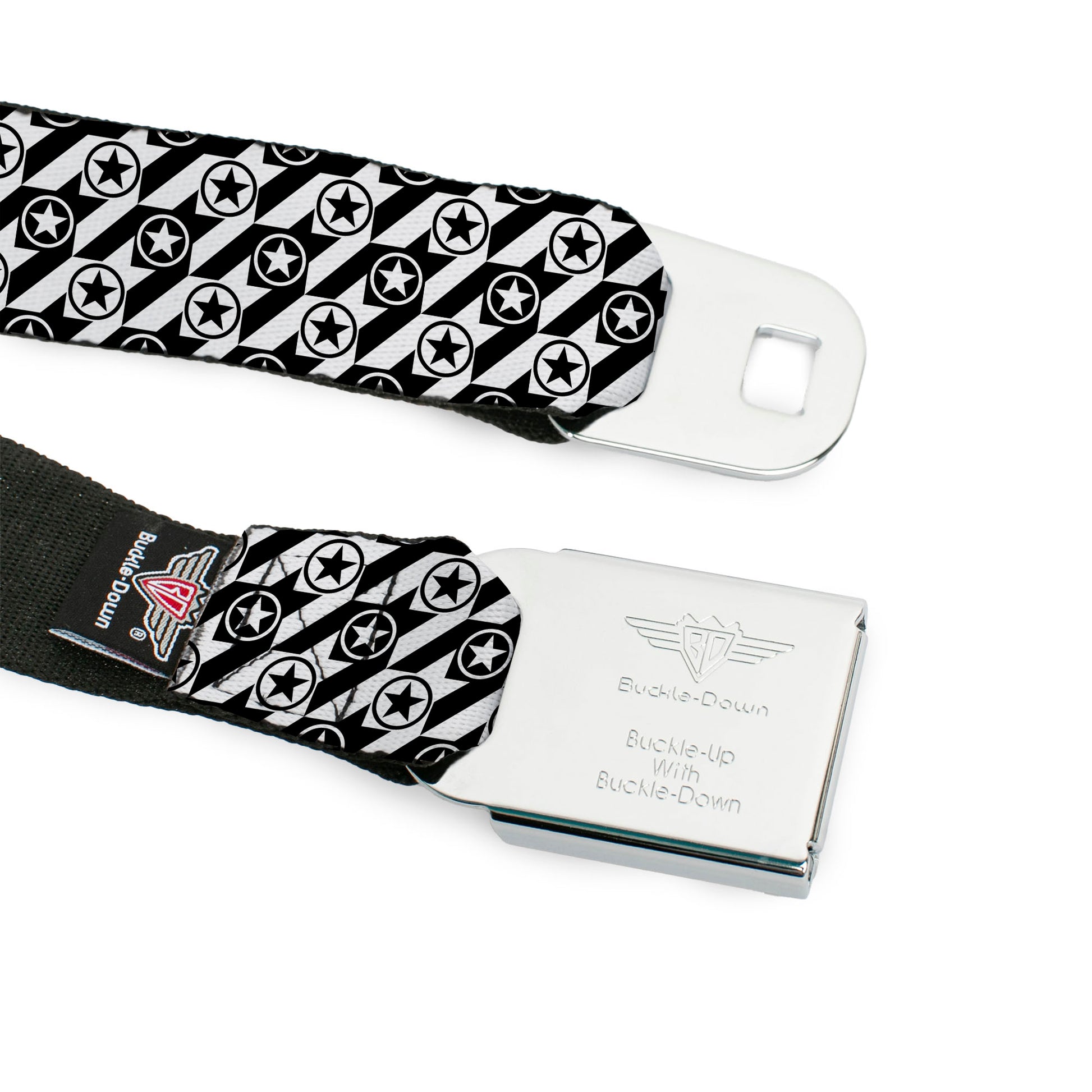 BD Wings Logo CLOSE-UP Full Color Black Silver Seatbelt Belt - Houndstooth Star Black/White Webbing Seatbelt Belts Buckle-Down