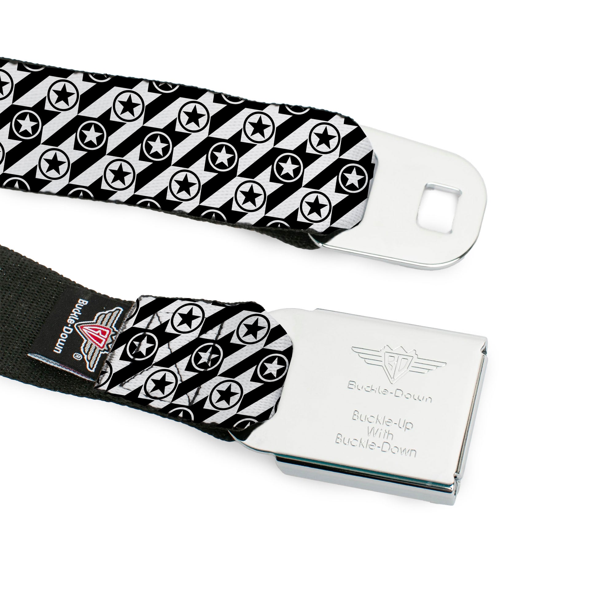 BD Wings Logo CLOSE-UP Full Color Black Silver Seatbelt Belt - Houndstooth Star Black/White Webbing Seatbelt Belts Buckle-Down