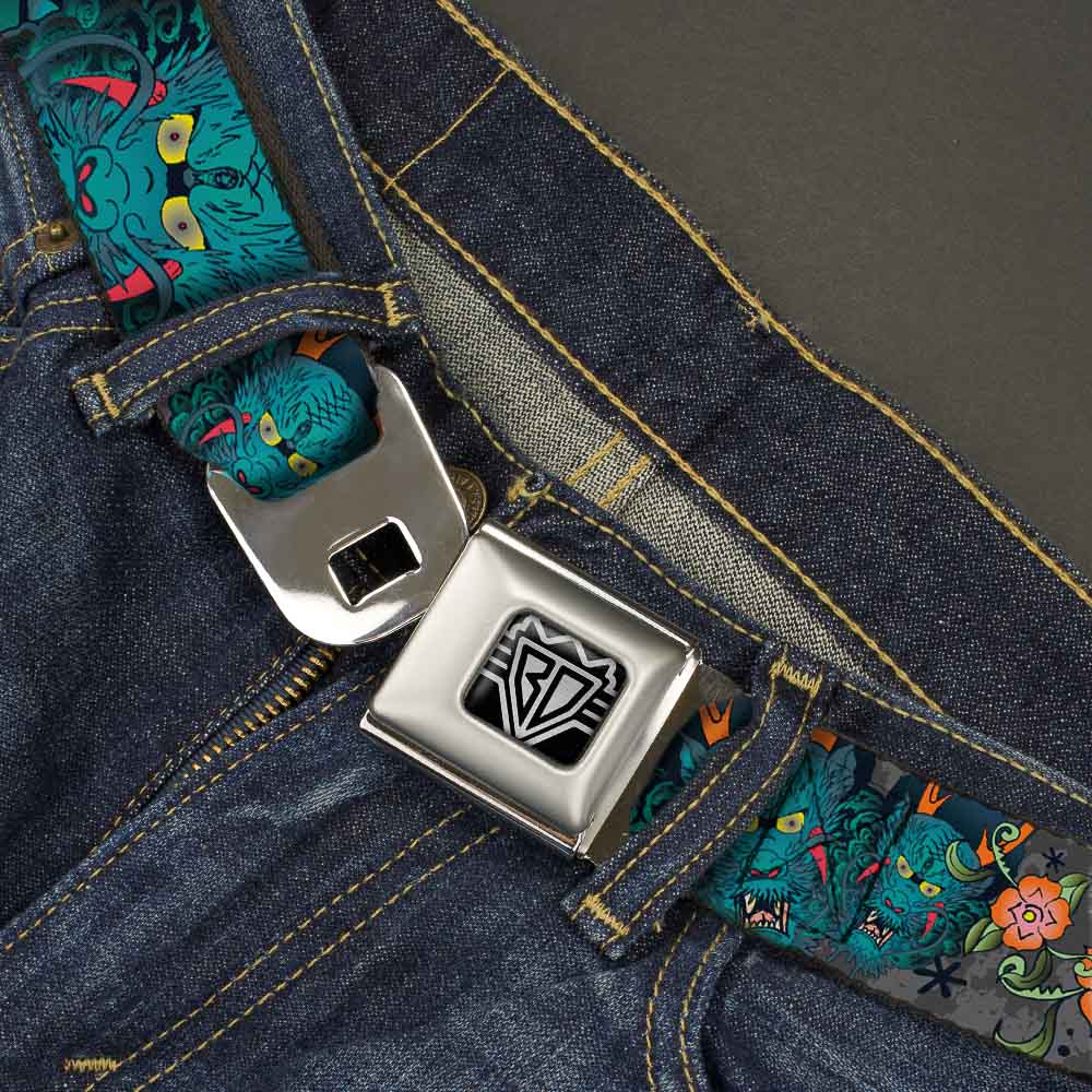 BD Wings Logo CLOSE-UP Full Color Black Silver Seatbelt Belt - Honor Gray Webbing Seatbelt Belts Buckle-Down