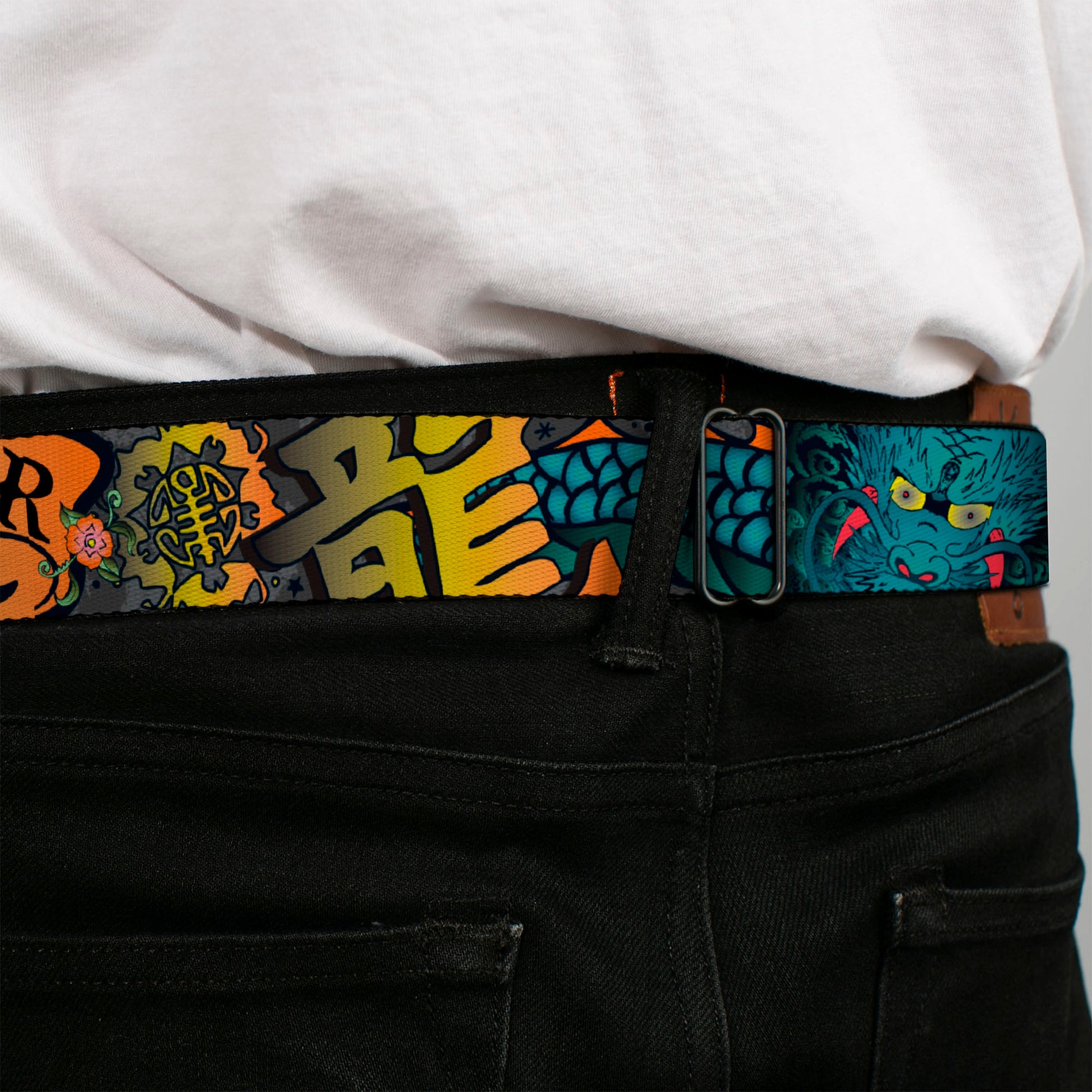 BD Wings Logo CLOSE-UP Full Color Black Silver Seatbelt Belt - Honor Gray Webbing Seatbelt Belts Buckle-Down