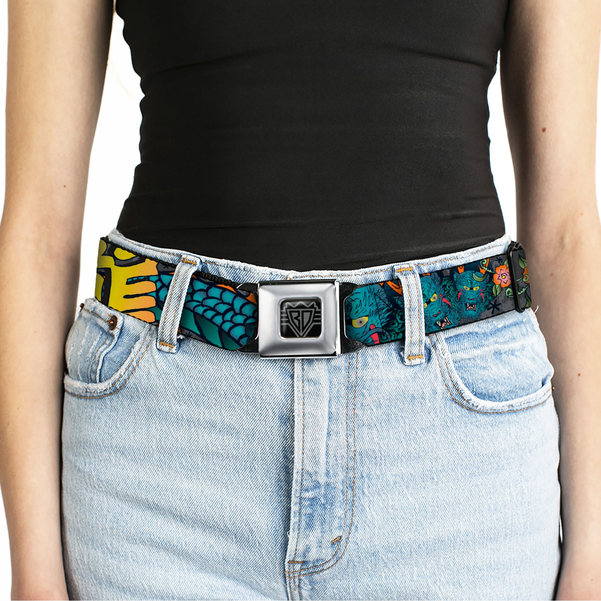 BD Wings Logo CLOSE-UP Full Color Black Silver Seatbelt Belt - Honor Gray Webbing Seatbelt Belts Buckle-Down