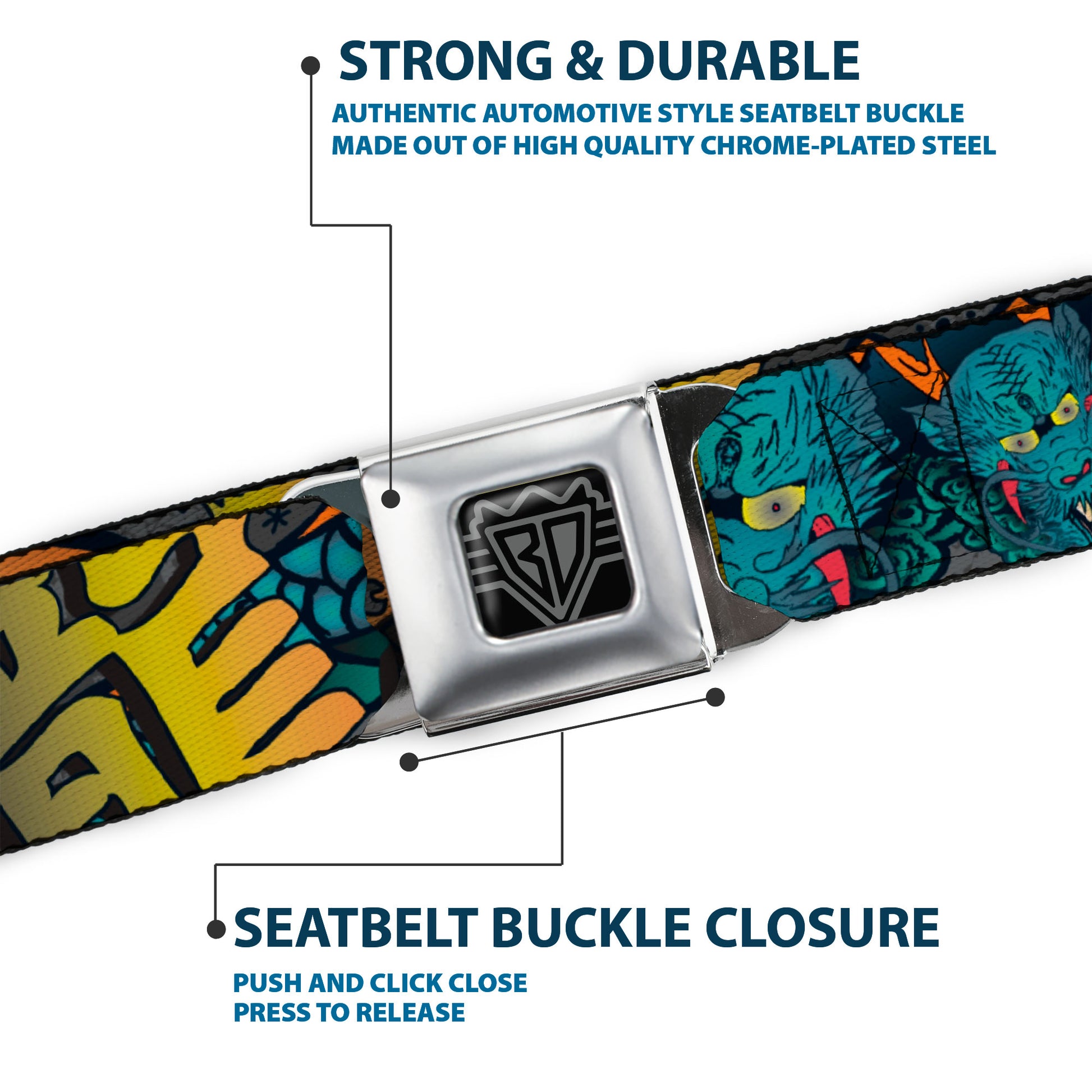 BD Wings Logo CLOSE-UP Full Color Black Silver Seatbelt Belt - Honor Gray Webbing Seatbelt Belts Buckle-Down