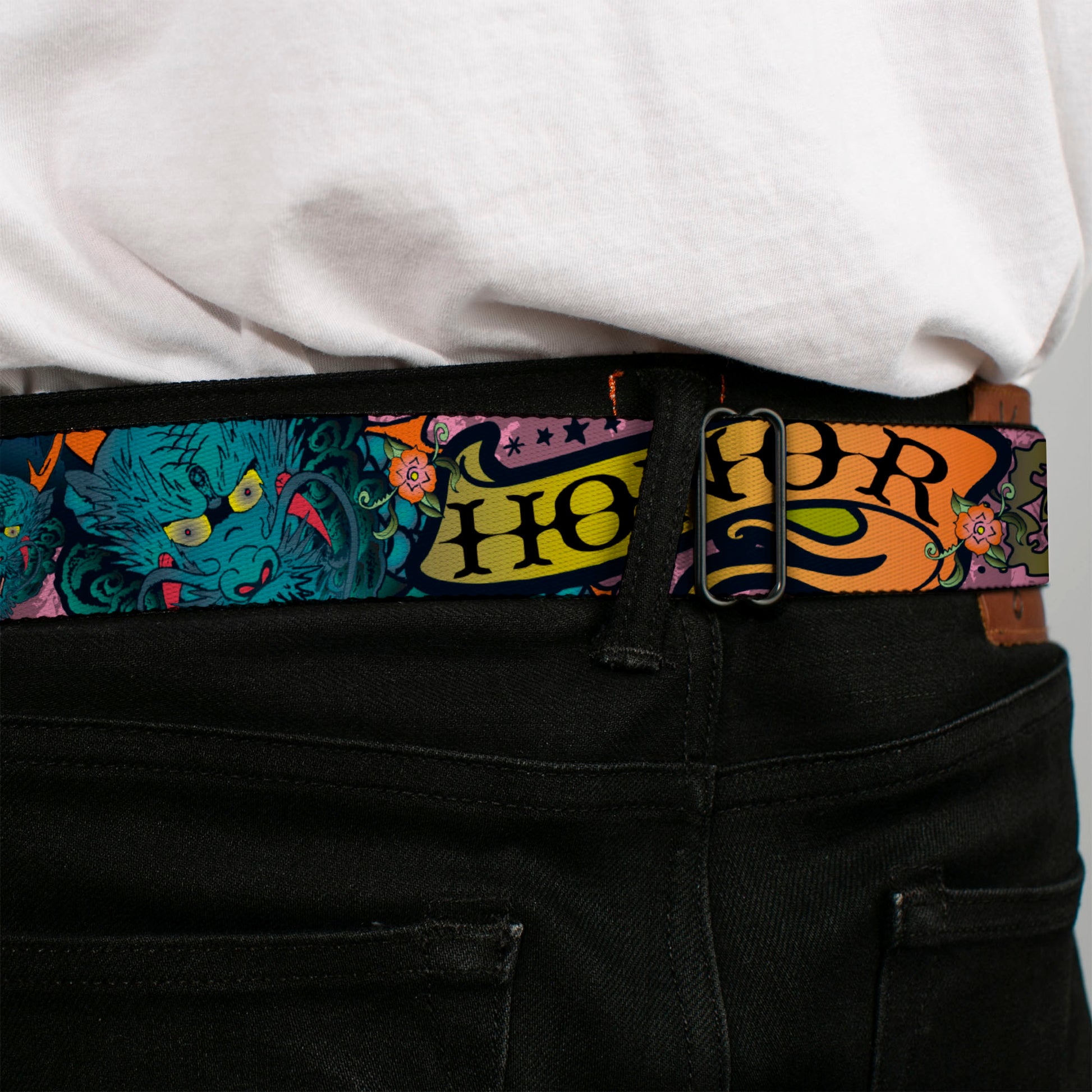 BD Wings Logo CLOSE-UP Full Color Black Silver Seatbelt Belt - Honor Pink Webbing Seatbelt Belts Buckle-Down