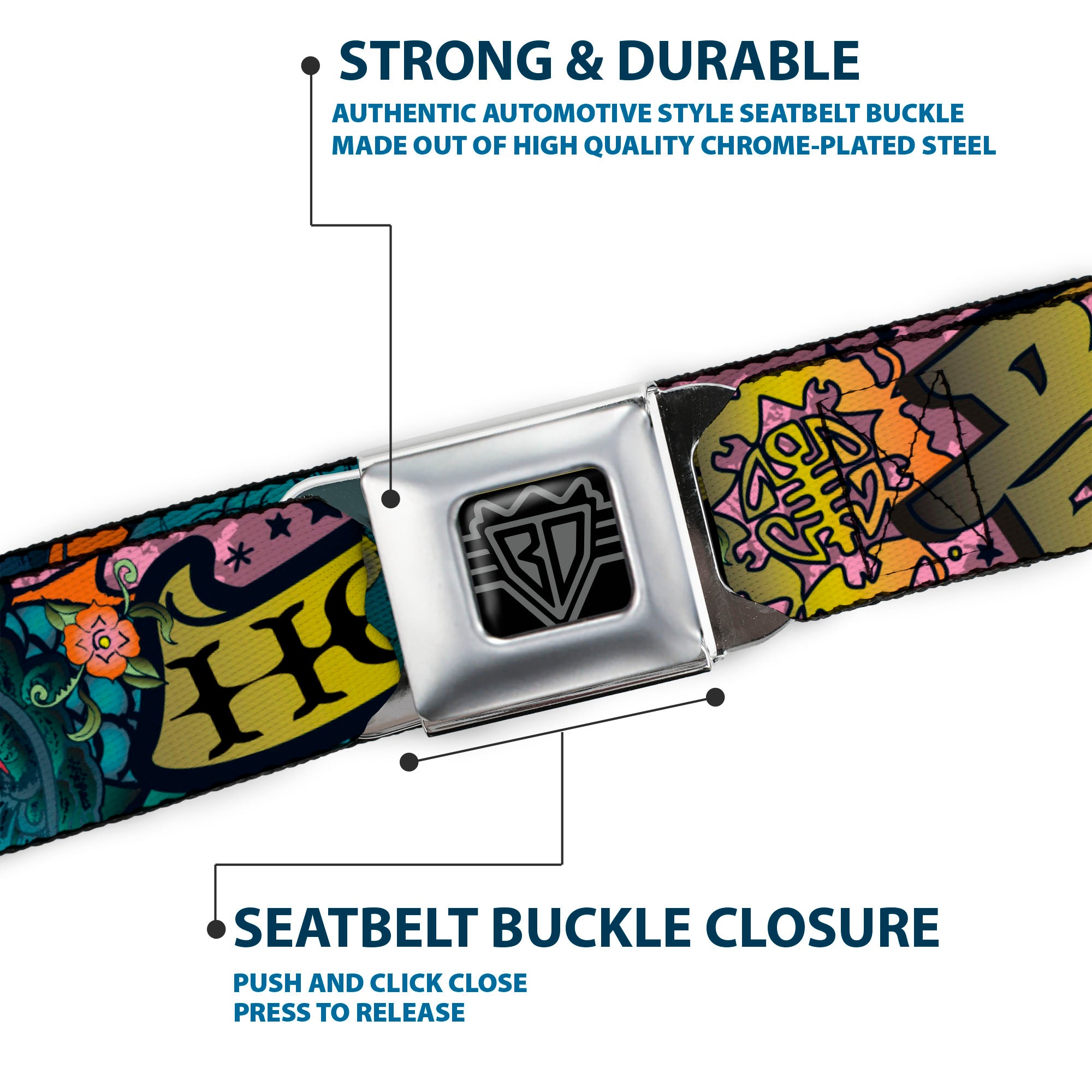 BD Wings Logo CLOSE-UP Full Color Black Silver Seatbelt Belt - Honor Pink Webbing Seatbelt Belts Buckle-Down