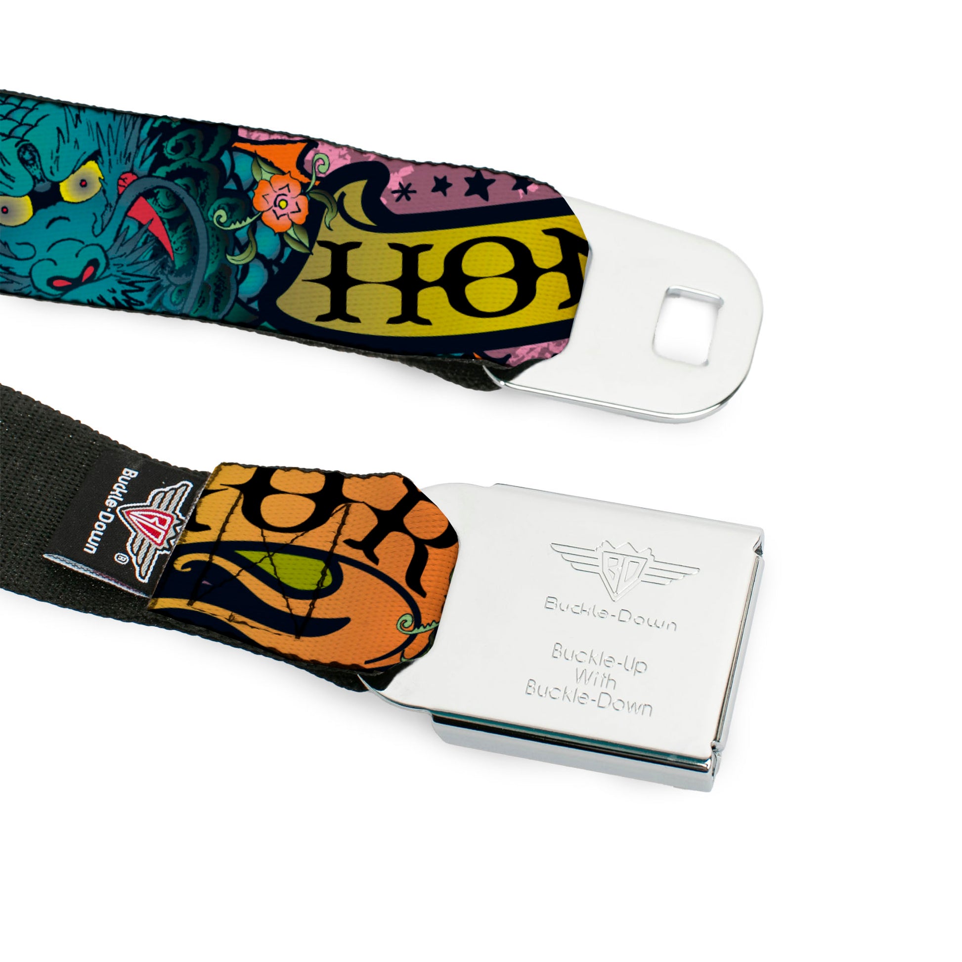 BD Wings Logo CLOSE-UP Full Color Black Silver Seatbelt Belt - Honor Pink Webbing Seatbelt Belts Buckle-Down