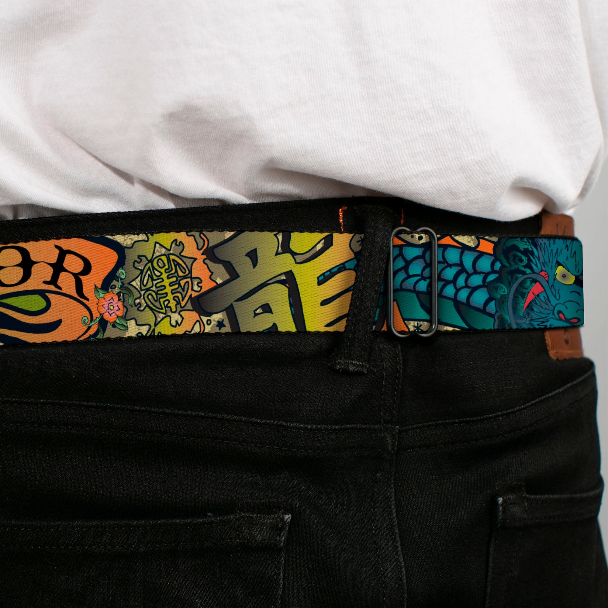 BD Wings Logo CLOSE-UP Full Color Black Silver Seatbelt Belt - Honor Tan Webbing Seatbelt Belts Buckle-Down