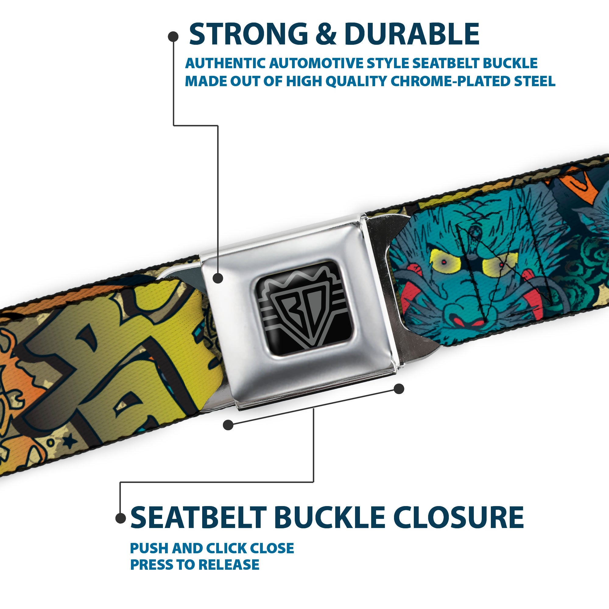 BD Wings Logo CLOSE-UP Full Color Black Silver Seatbelt Belt - Honor Tan Webbing Seatbelt Belts Buckle-Down