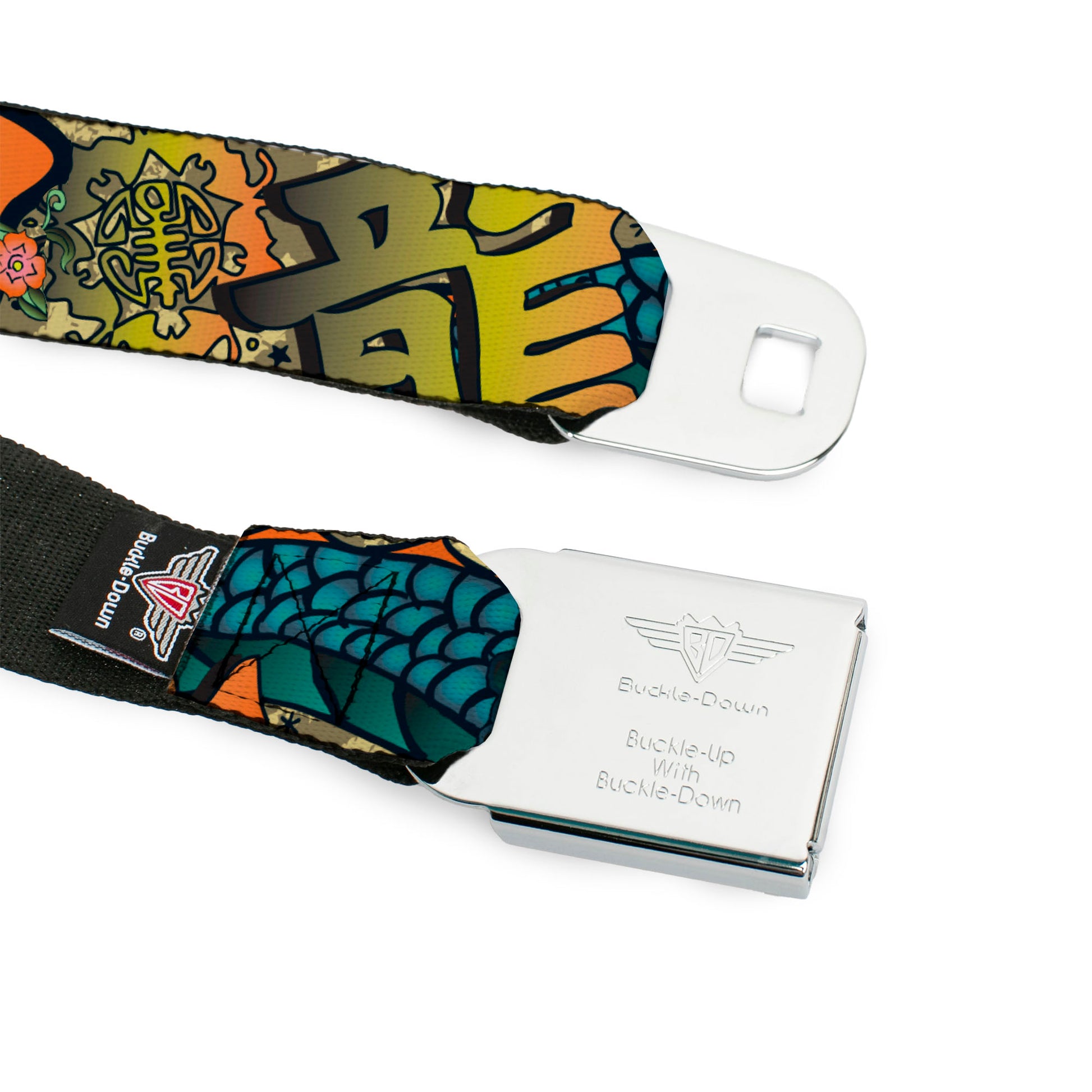 BD Wings Logo CLOSE-UP Full Color Black Silver Seatbelt Belt - Honor Tan Webbing Seatbelt Belts Buckle-Down