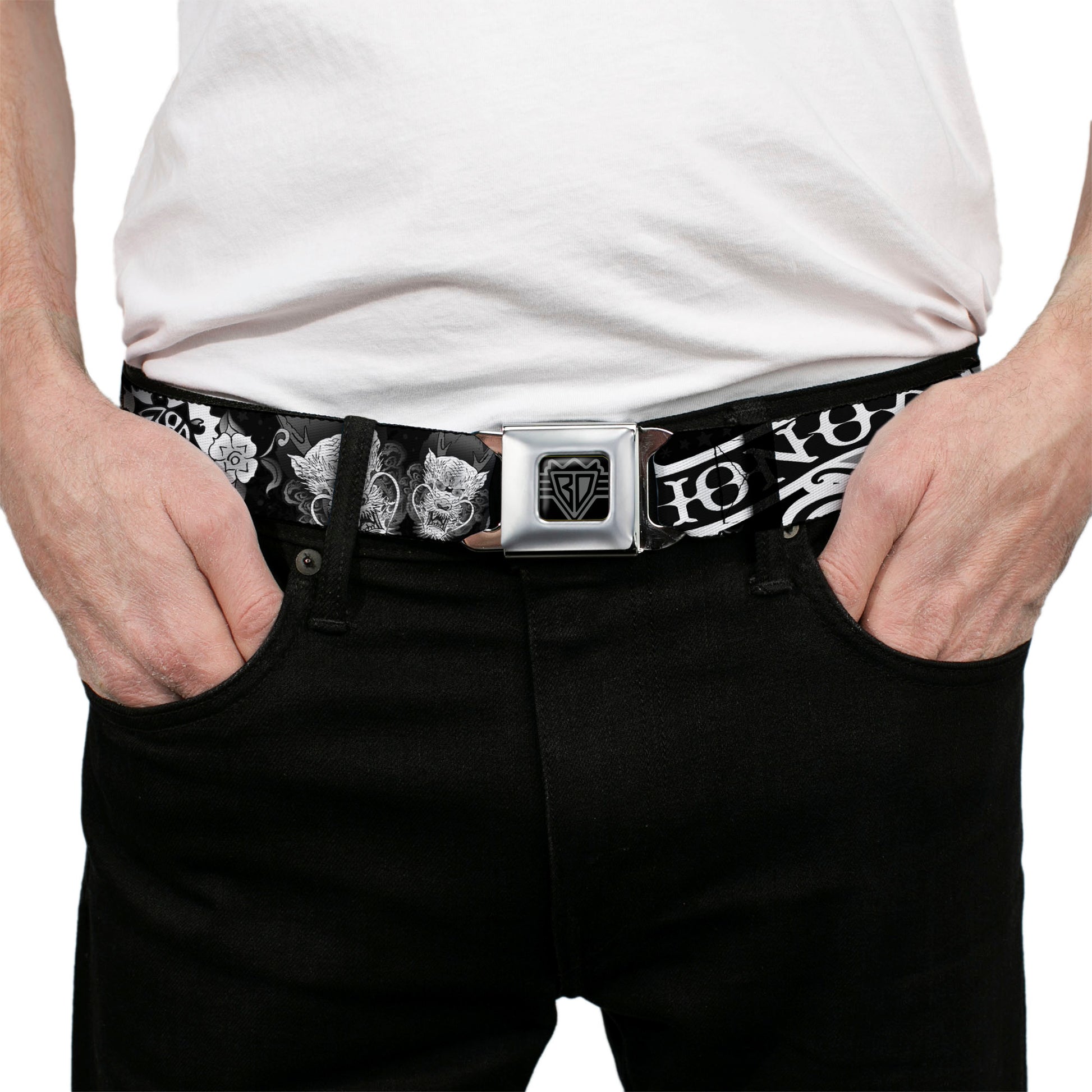 BD Wings Logo CLOSE-UP Full Color Black Silver Seatbelt Belt - Honor Black/White Webbing Seatbelt Belts Buckle-Down