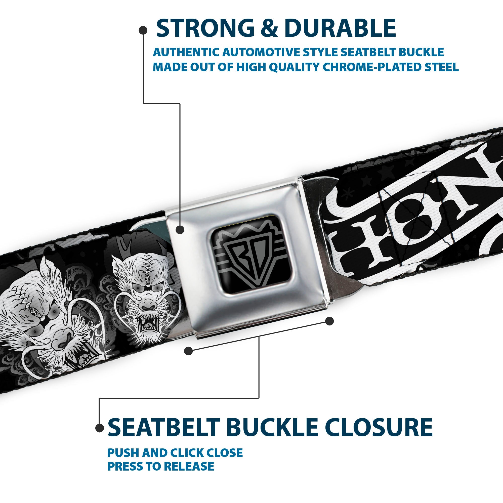 BD Wings Logo CLOSE-UP Full Color Black Silver Seatbelt Belt - Honor Black/White Webbing Seatbelt Belts Buckle-Down
