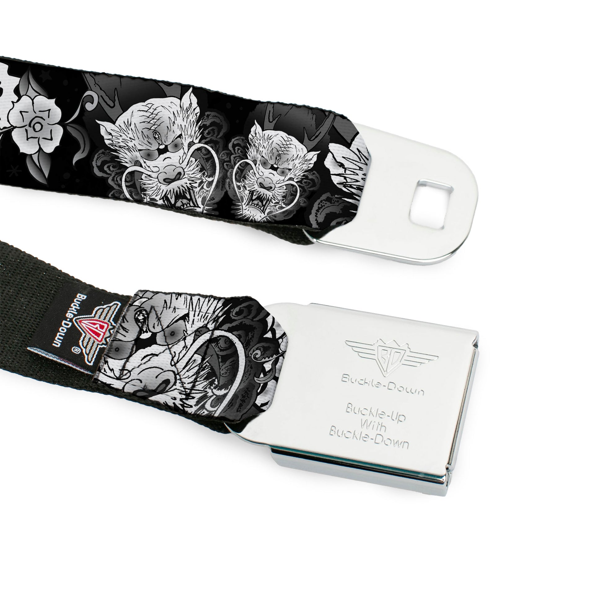 BD Wings Logo CLOSE-UP Full Color Black Silver Seatbelt Belt - Honor Black/White Webbing Seatbelt Belts Buckle-Down