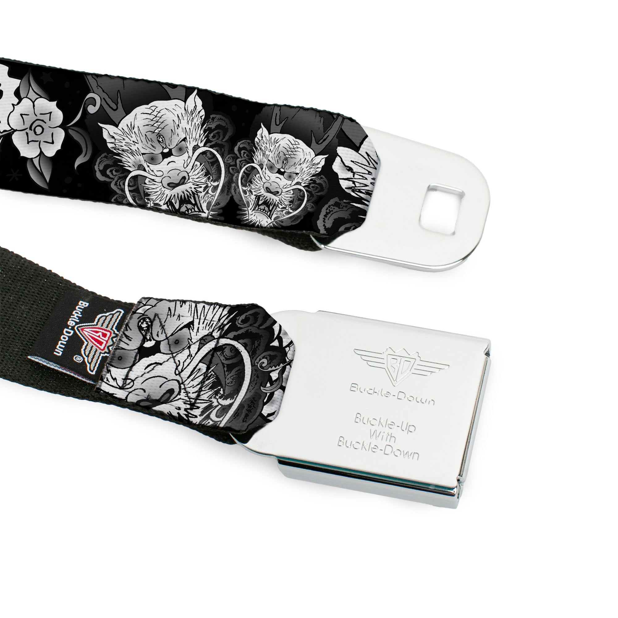 BD Wings Logo CLOSE-UP Full Color Black Silver Seatbelt Belt - Honor Black/White Webbing Seatbelt Belts Buckle-Down