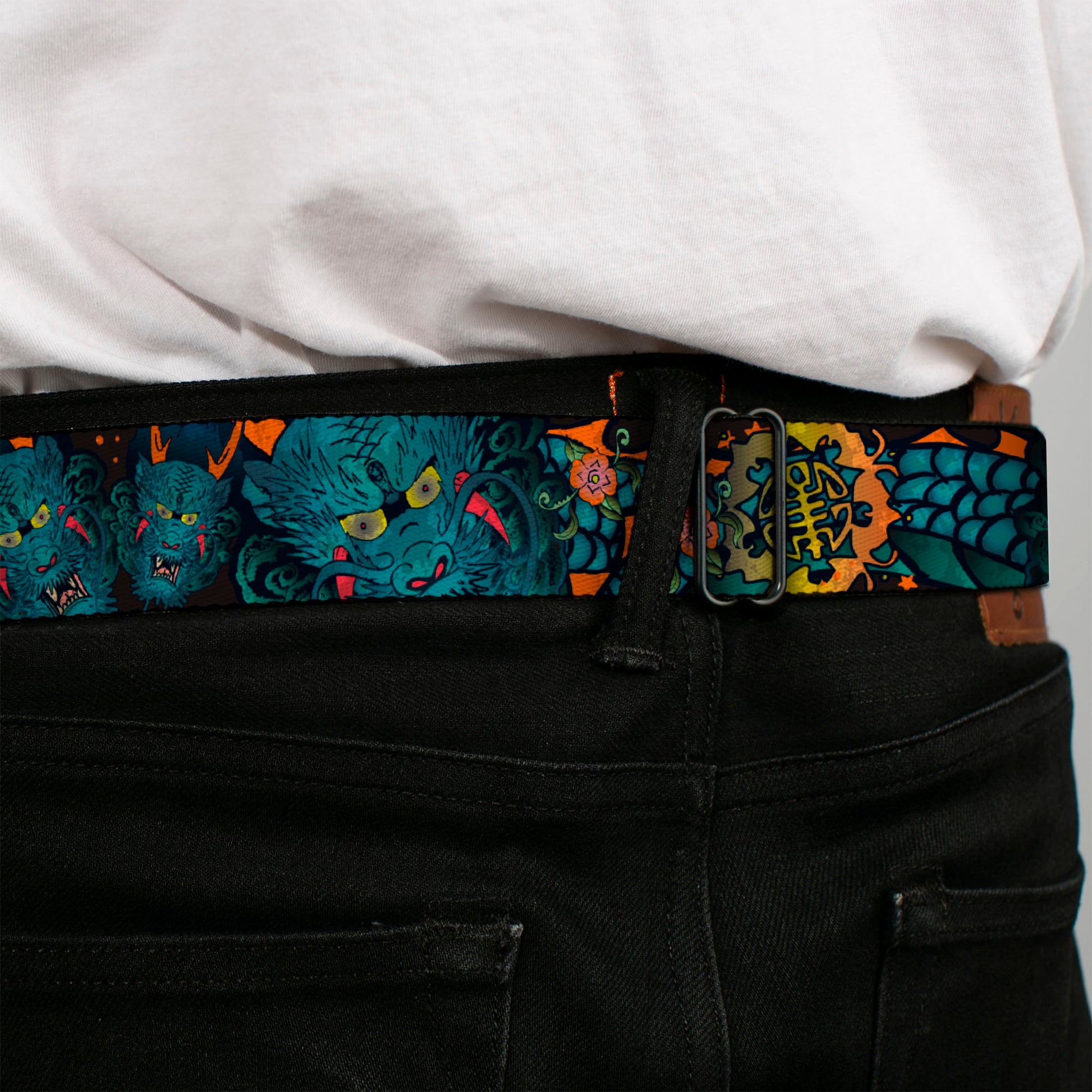 BD Wings Logo CLOSE-UP Full Color Black Silver Seatbelt Belt - Honor CLOSE-UP Black Webbing Seatbelt Belts Buckle-Down