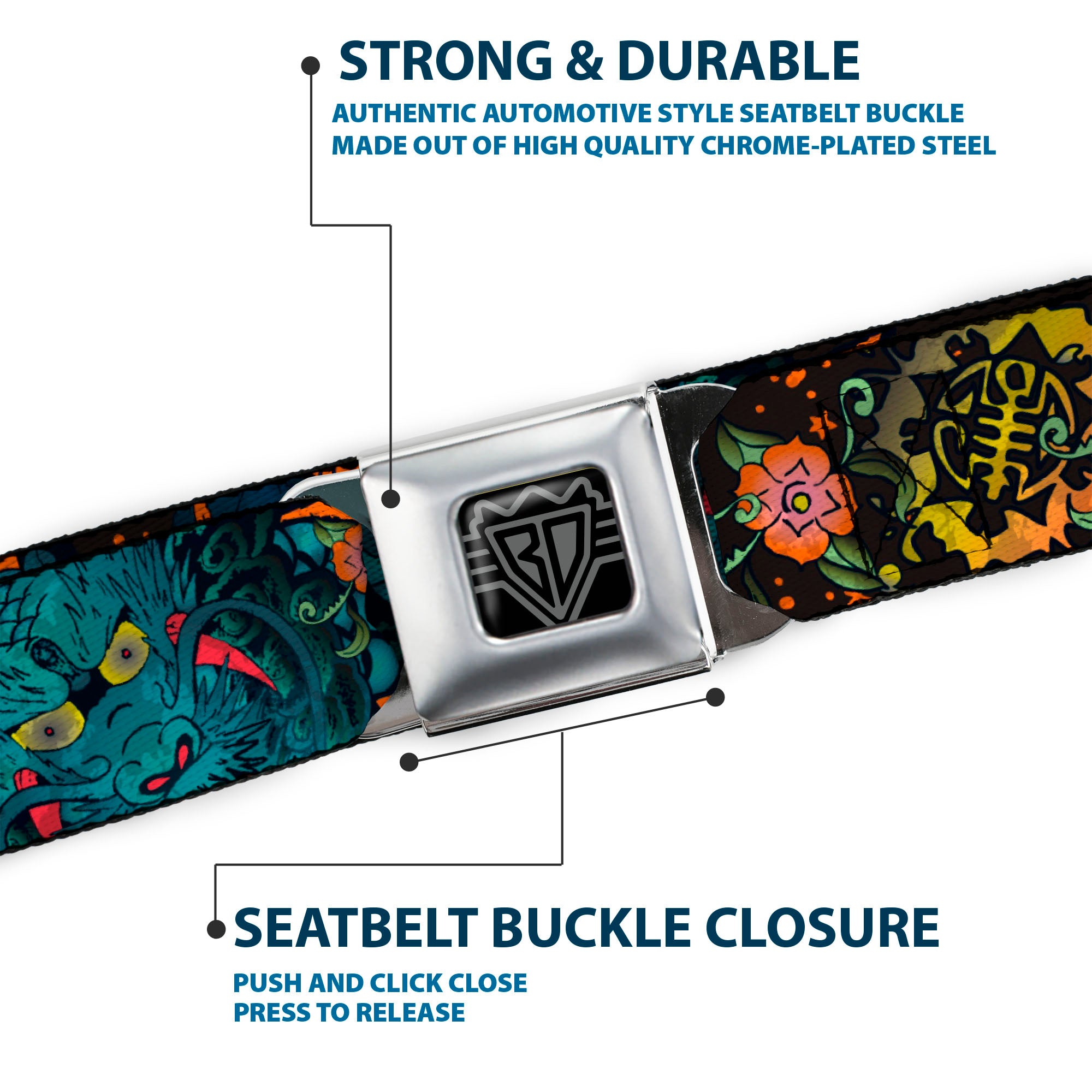 BD Wings Logo CLOSE-UP Full Color Black Silver Seatbelt Belt - Honor CLOSE-UP Black Webbing Seatbelt Belts Buckle-Down