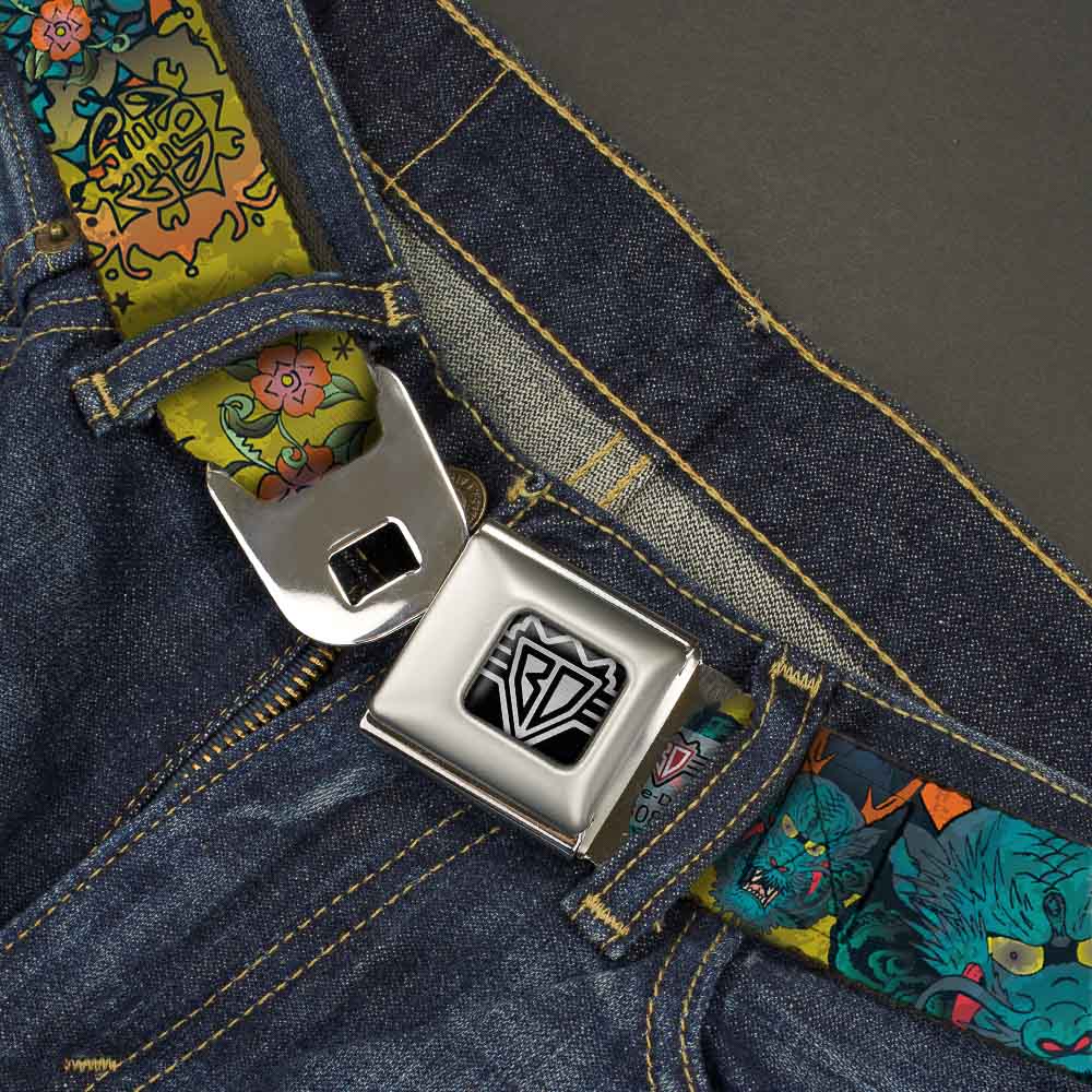 BD Wings Logo CLOSE-UP Full Color Black Silver Seatbelt Belt - Honor CLOSE-UP Yellow Webbing Seatbelt Belts Buckle-Down