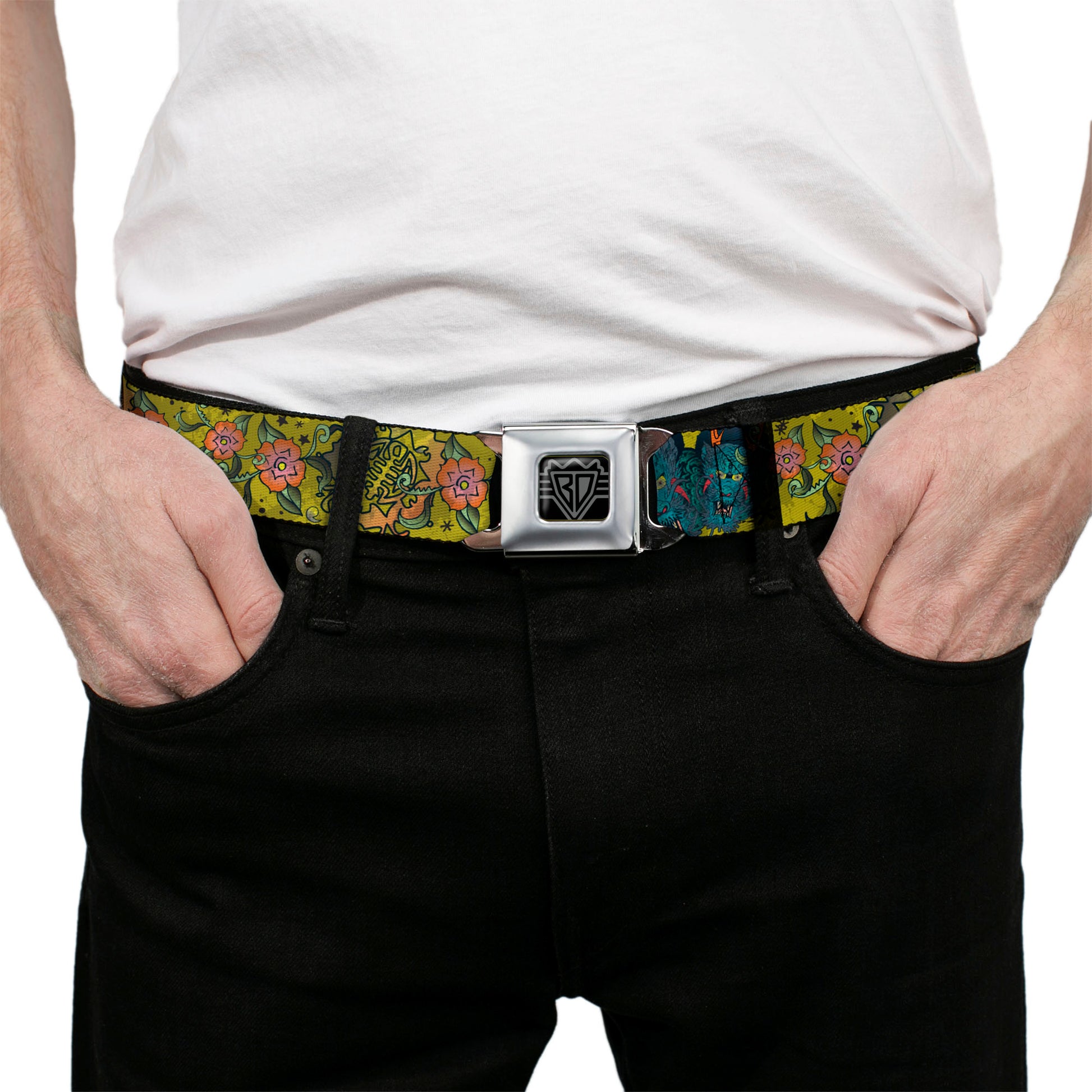 BD Wings Logo CLOSE-UP Full Color Black Silver Seatbelt Belt - Honor CLOSE-UP Yellow Webbing Seatbelt Belts Buckle-Down