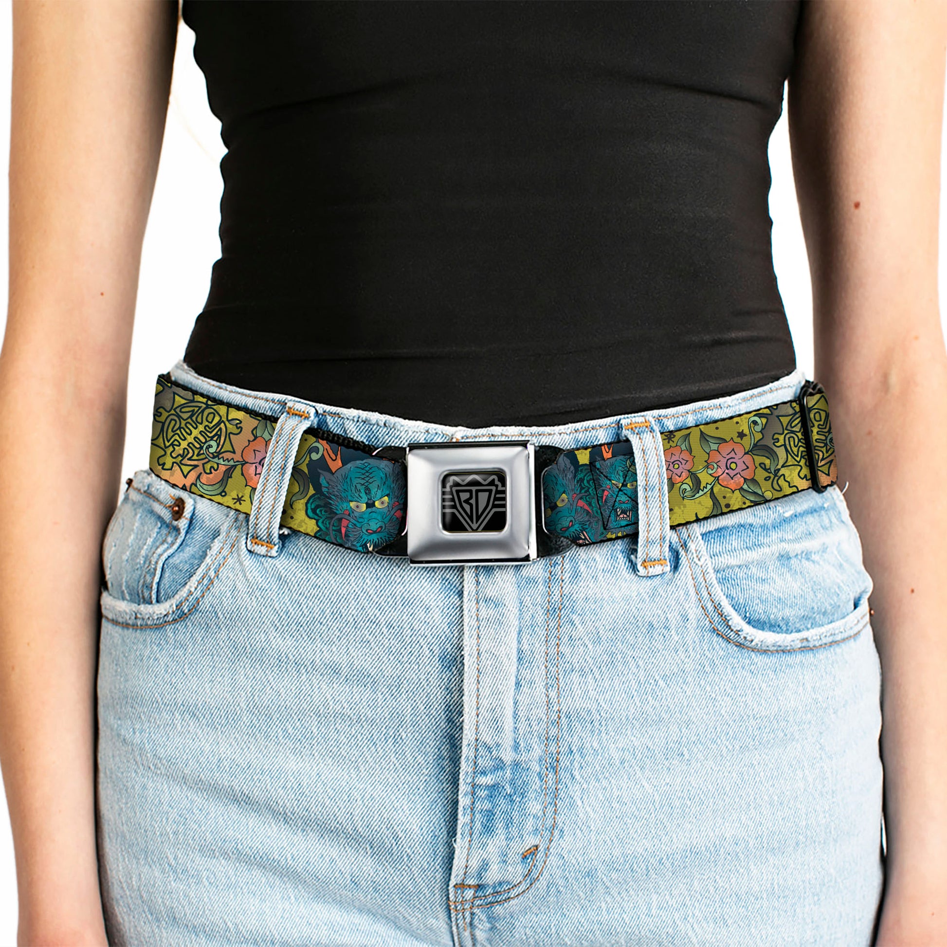 BD Wings Logo CLOSE-UP Full Color Black Silver Seatbelt Belt - Honor CLOSE-UP Yellow Webbing Seatbelt Belts Buckle-Down