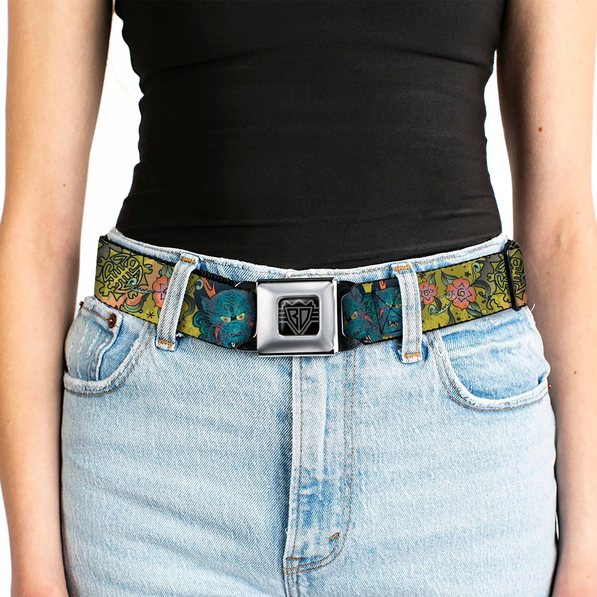 BD Wings Logo CLOSE-UP Full Color Black Silver Seatbelt Belt - Honor CLOSE-UP Yellow Webbing Seatbelt Belts Buckle-Down