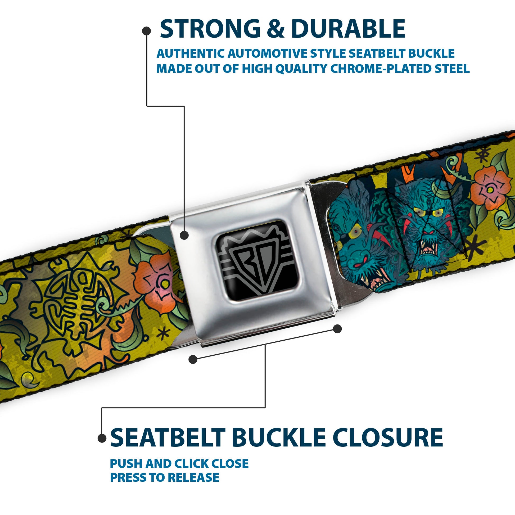BD Wings Logo CLOSE-UP Full Color Black Silver Seatbelt Belt - Honor CLOSE-UP Yellow Webbing Seatbelt Belts Buckle-Down