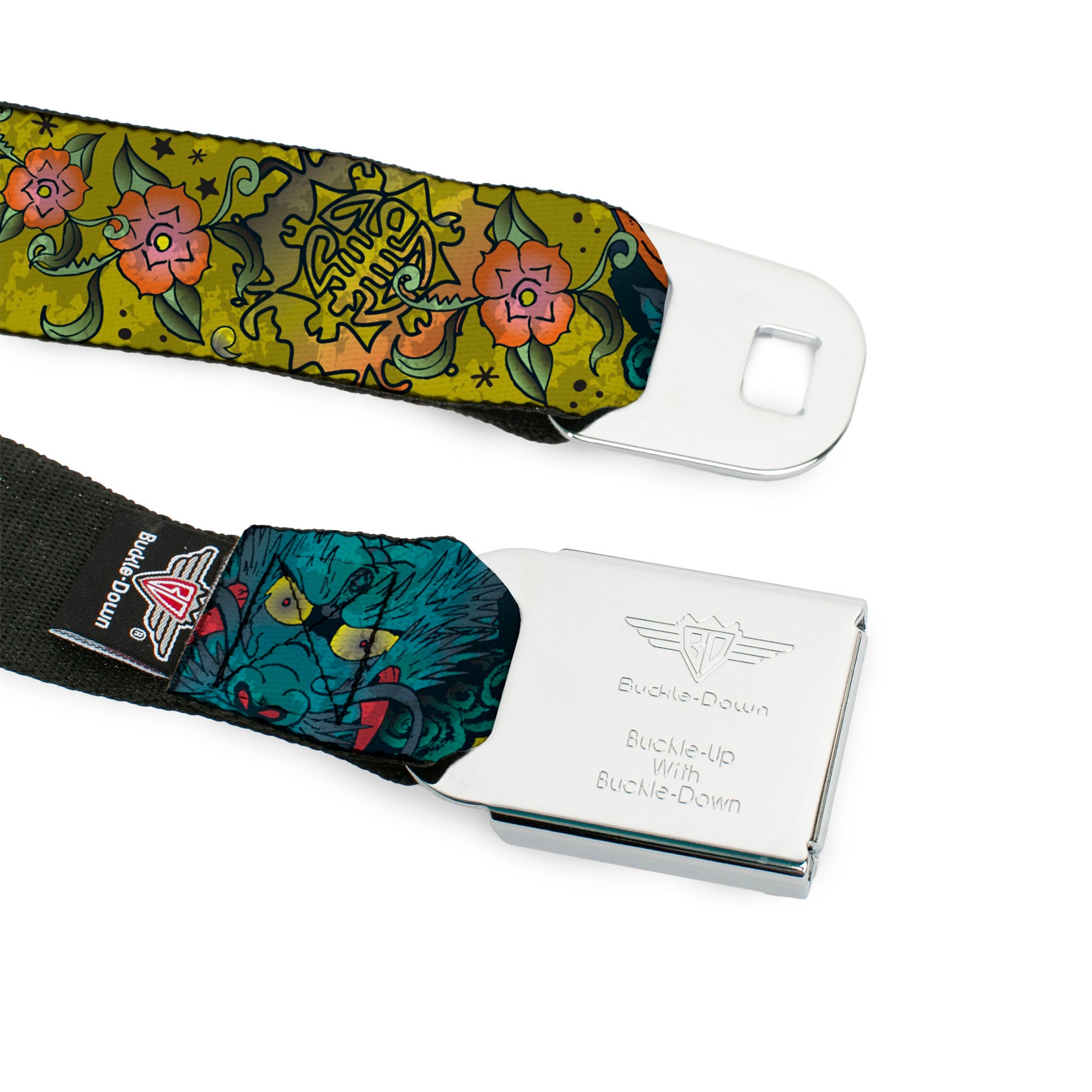 BD Wings Logo CLOSE-UP Full Color Black Silver Seatbelt Belt - Honor CLOSE-UP Yellow Webbing Seatbelt Belts Buckle-Down