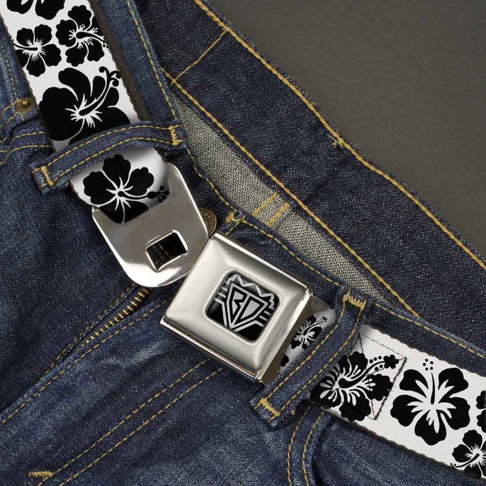 BD Wings Logo CLOSE-UP Full Color Black Silver Seatbelt Belt - Hibiscus White/Black Webbing Seatbelt Belts Buckle-Down