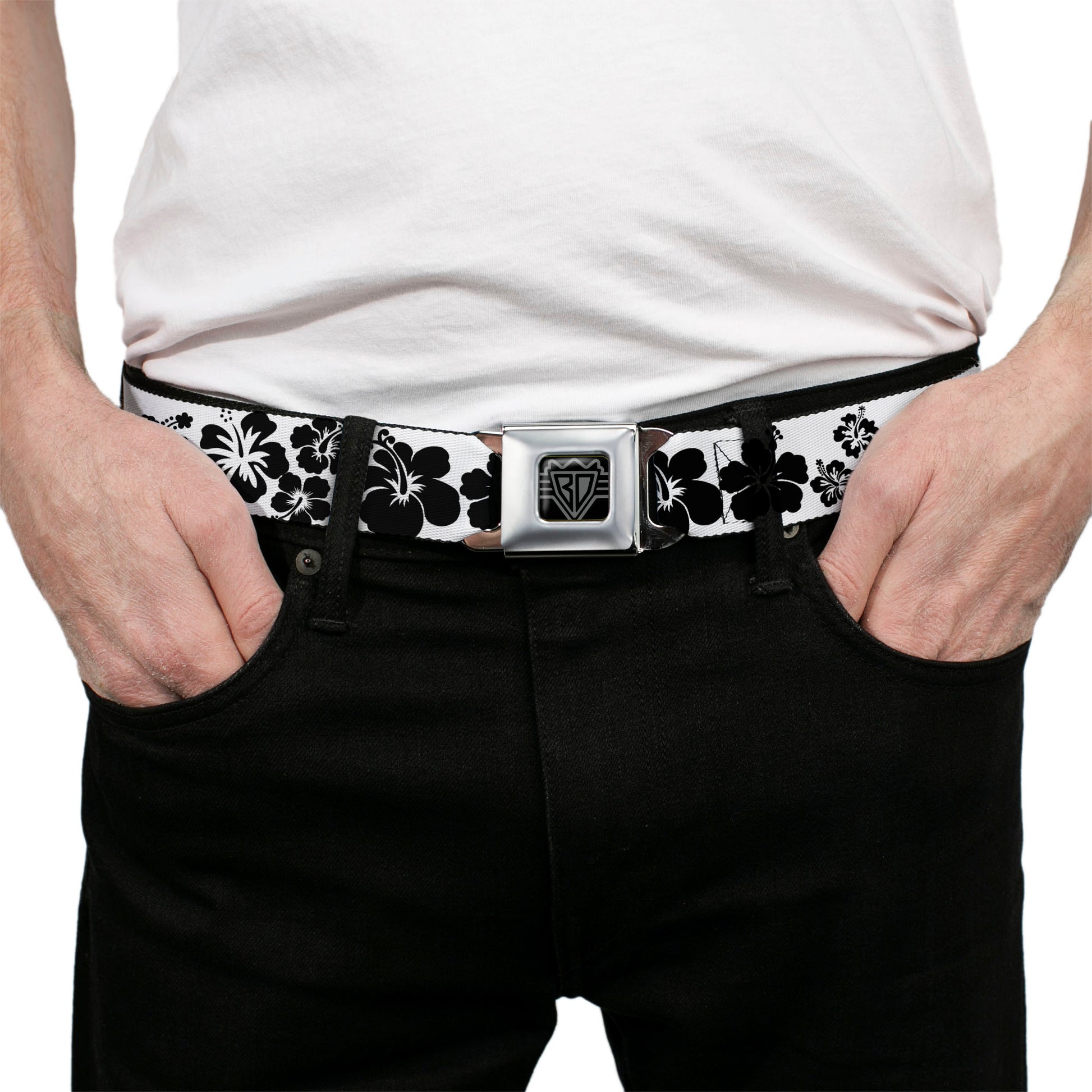 BD Wings Logo CLOSE-UP Full Color Black Silver Seatbelt Belt - Hibiscus White/Black Webbing Seatbelt Belts Buckle-Down