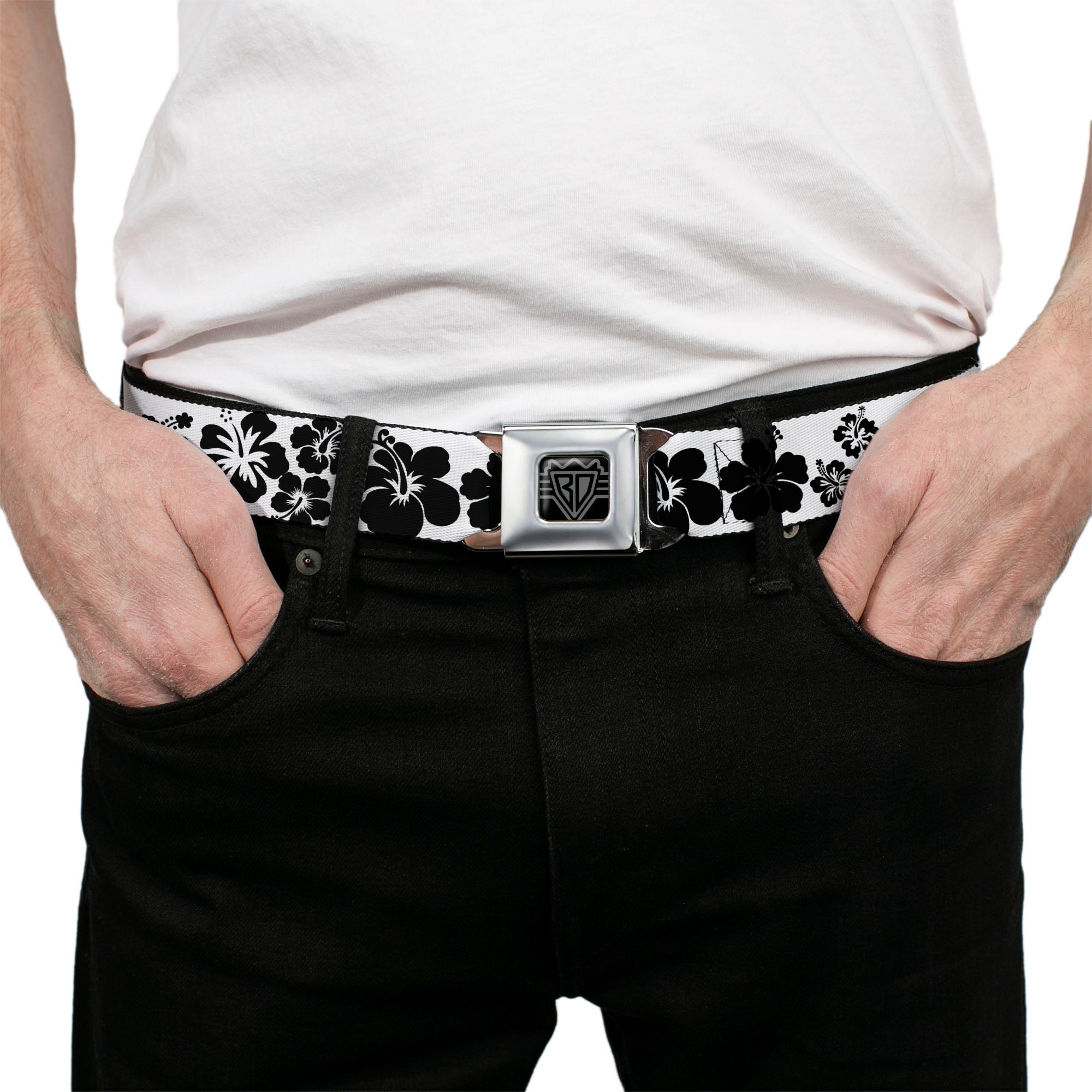 BD Wings Logo CLOSE-UP Full Color Black Silver Seatbelt Belt - Hibiscus White/Black Webbing Seatbelt Belts Buckle-Down
