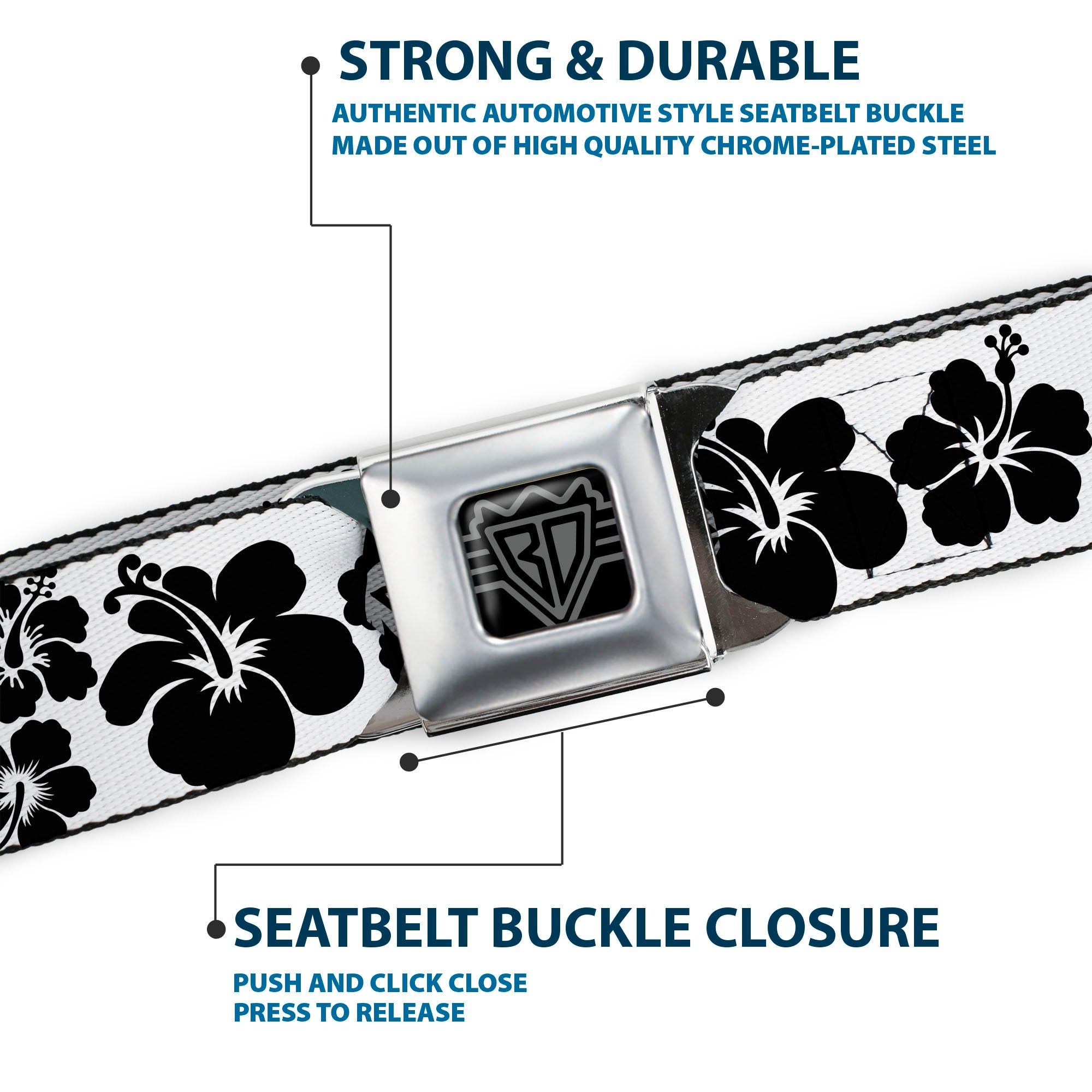 BD Wings Logo CLOSE-UP Full Color Black Silver Seatbelt Belt - Hibiscus White/Black Webbing Seatbelt Belts Buckle-Down