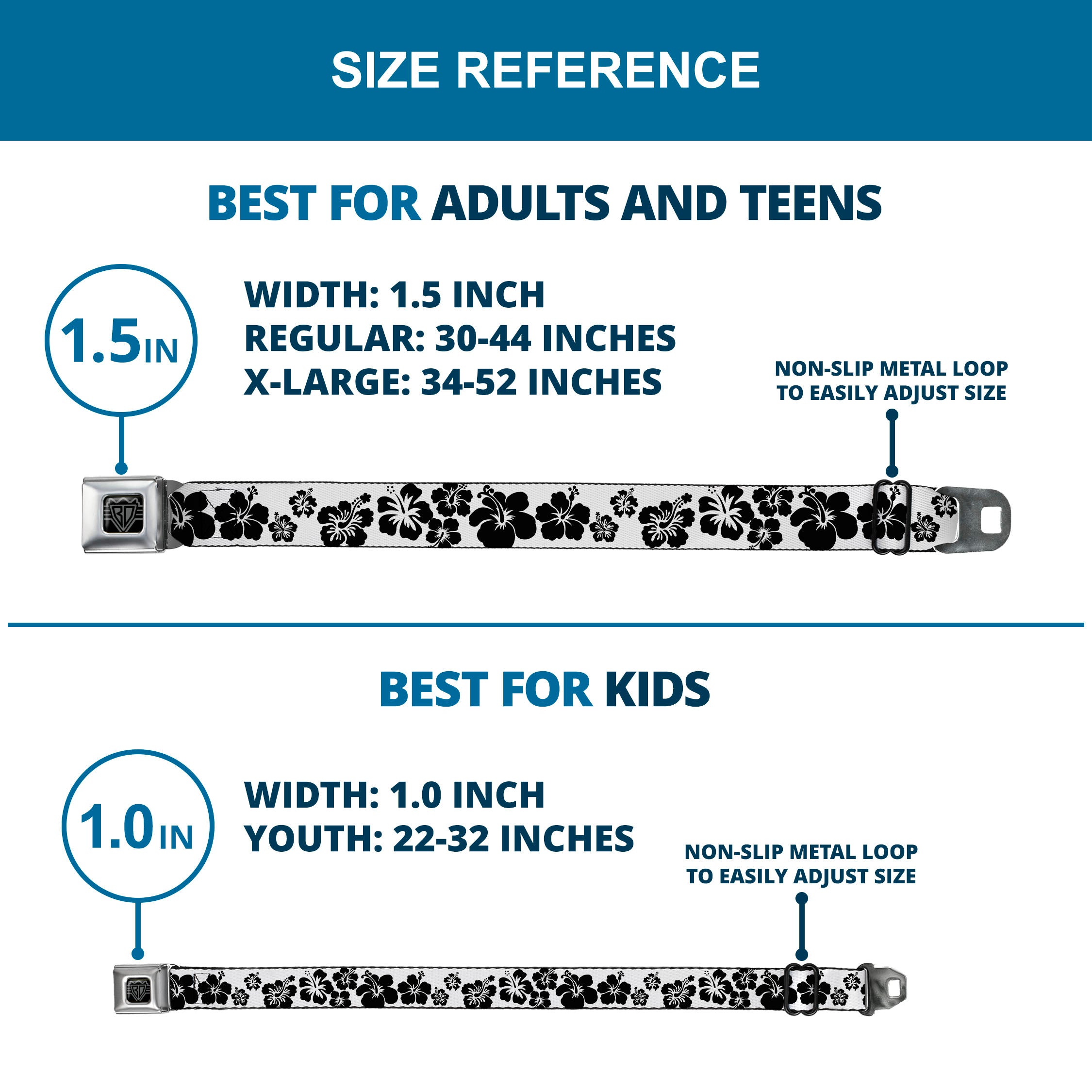 BD Wings Logo CLOSE-UP Full Color Black Silver Seatbelt Belt - Hibiscus White/Black Webbing Seatbelt Belts Buckle-Down