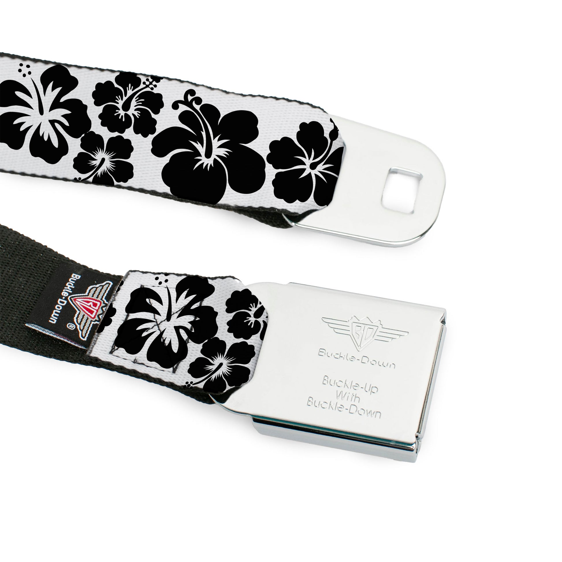 BD Wings Logo CLOSE-UP Full Color Black Silver Seatbelt Belt - Hibiscus White/Black Webbing Seatbelt Belts Buckle-Down
