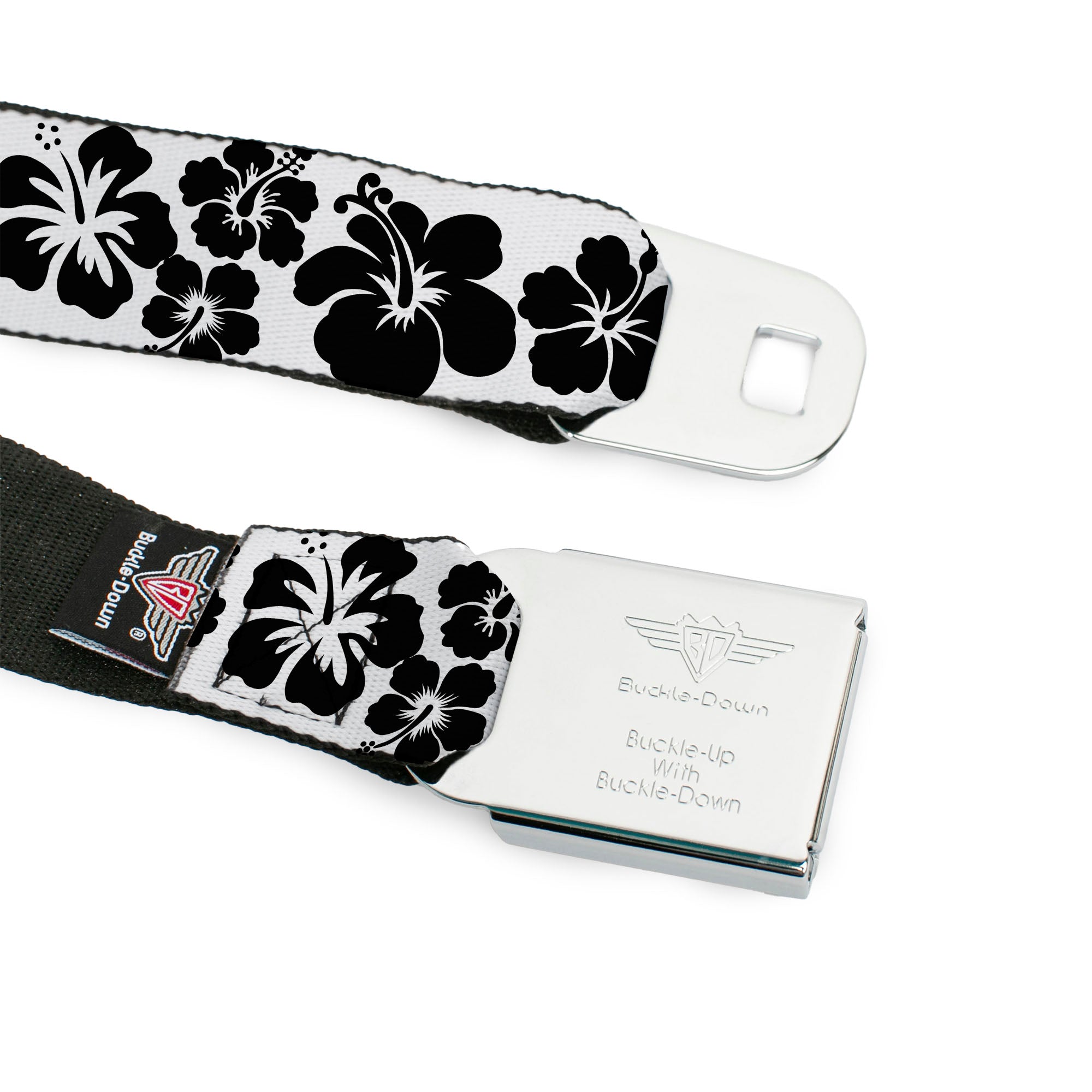 BD Wings Logo CLOSE-UP Full Color Black Silver Seatbelt Belt - Hibiscus White/Black Webbing Seatbelt Belts Buckle-Down