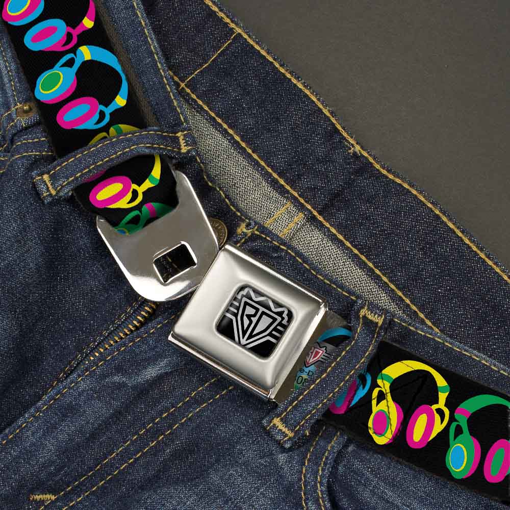 BD Wings Logo CLOSE-UP Full Color Black Silver Seatbelt Belt - Headphones Black/Neon Webbing Seatbelt Belts Buckle-Down