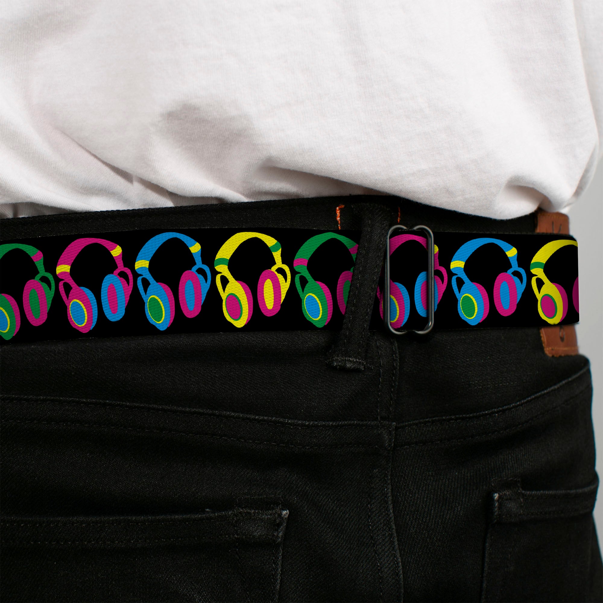 BD Wings Logo CLOSE-UP Full Color Black Silver Seatbelt Belt - Headphones Black/Neon Webbing Seatbelt Belts Buckle-Down