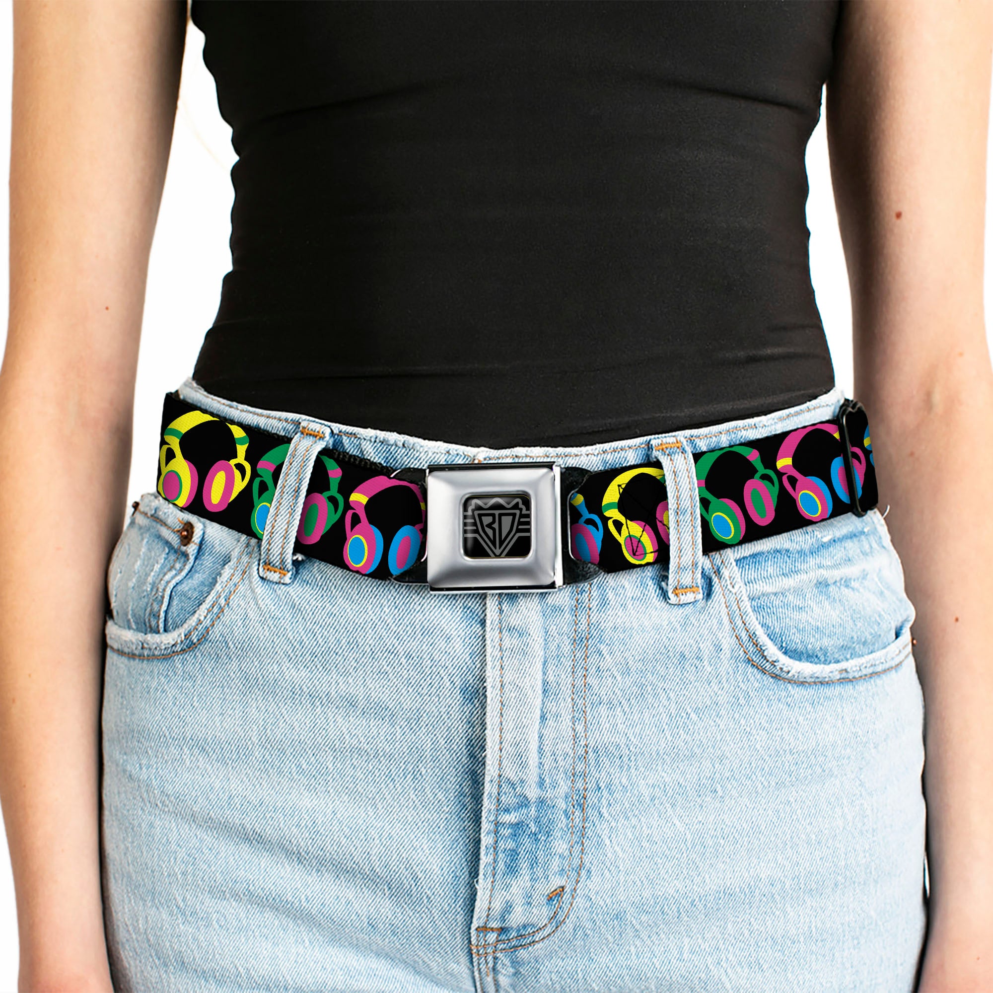 BD Wings Logo CLOSE-UP Full Color Black Silver Seatbelt Belt - Headphones Black/Neon Webbing Seatbelt Belts Buckle-Down