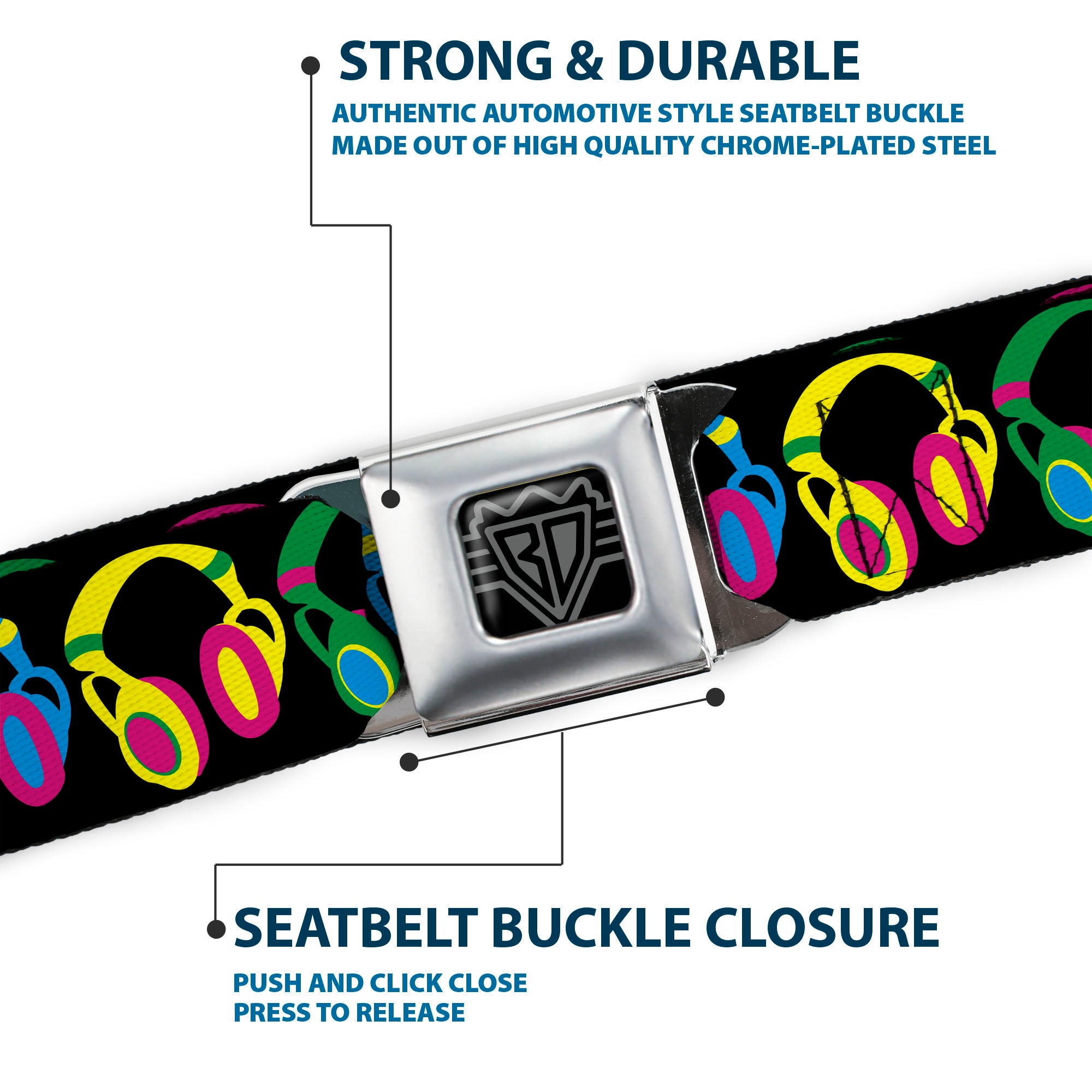 BD Wings Logo CLOSE-UP Full Color Black Silver Seatbelt Belt - Headphones Black/Neon Webbing Seatbelt Belts Buckle-Down