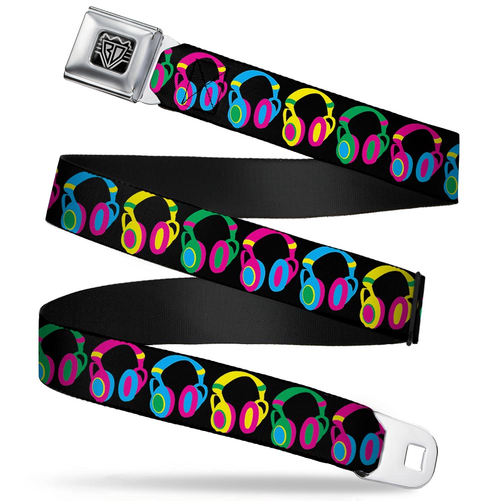 BD Wings Logo CLOSE-UP Full Color Black Silver Seatbelt Belt - Headphones Black/Neon Webbing Seatbelt Belts Buckle-Down