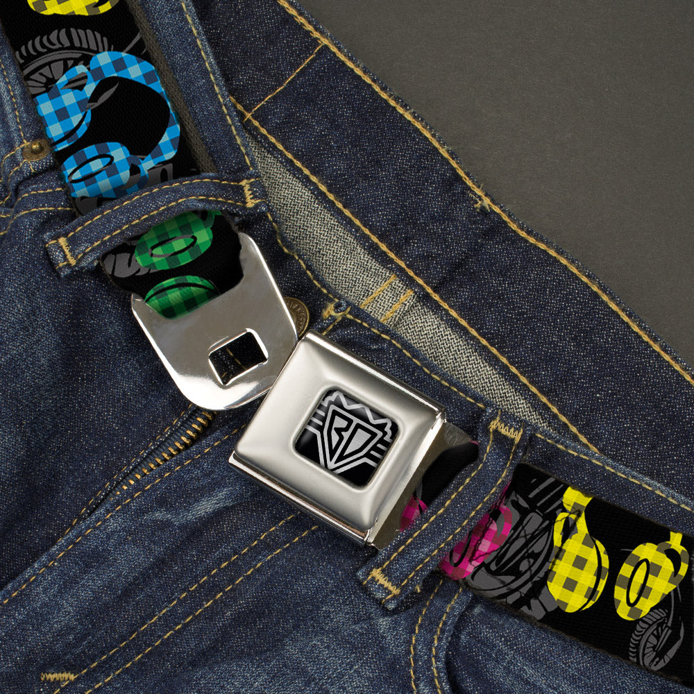 BD Wings Logo CLOSE-UP Full Color Black Silver Seatbelt Belt - Headphones Buffalo Plaid Black/Neon Webbing Seatbelt Belts Buckle-Down