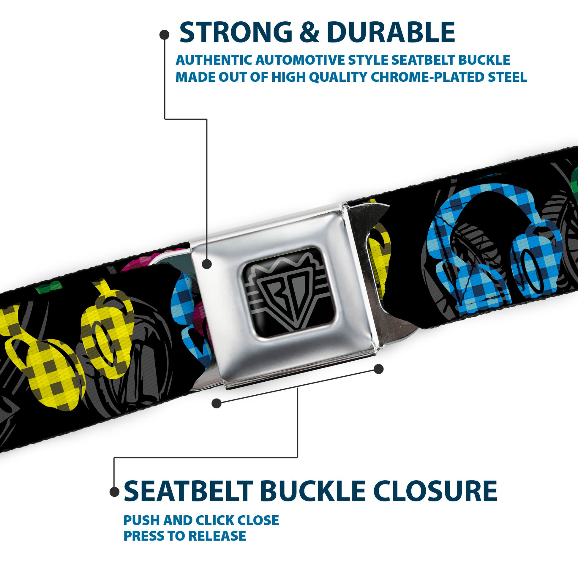 BD Wings Logo CLOSE-UP Full Color Black Silver Seatbelt Belt - Headphones Buffalo Plaid Black/Neon Webbing Seatbelt Belts Buckle-Down