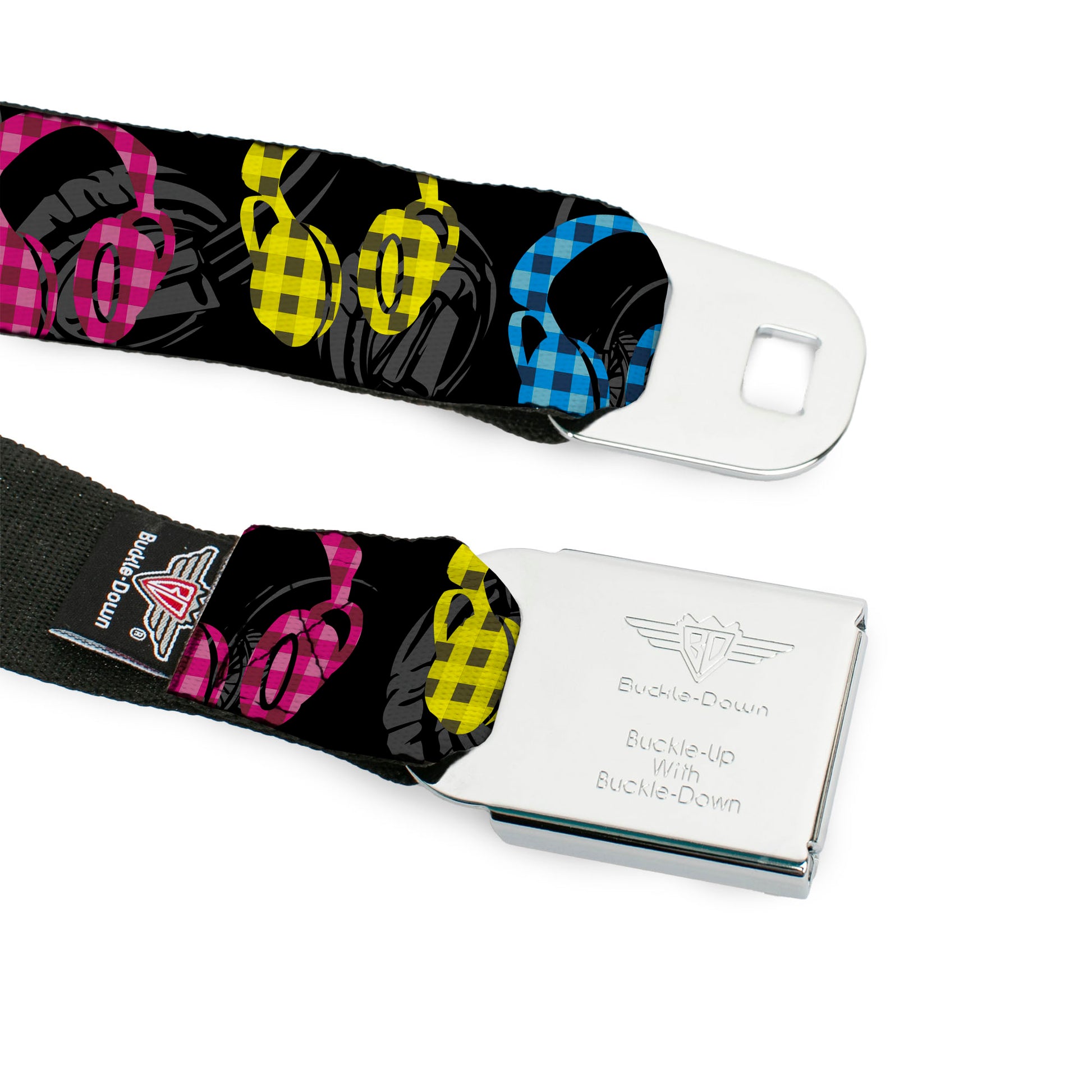 BD Wings Logo CLOSE-UP Full Color Black Silver Seatbelt Belt - Headphones Buffalo Plaid Black/Neon Webbing Seatbelt Belts Buckle-Down