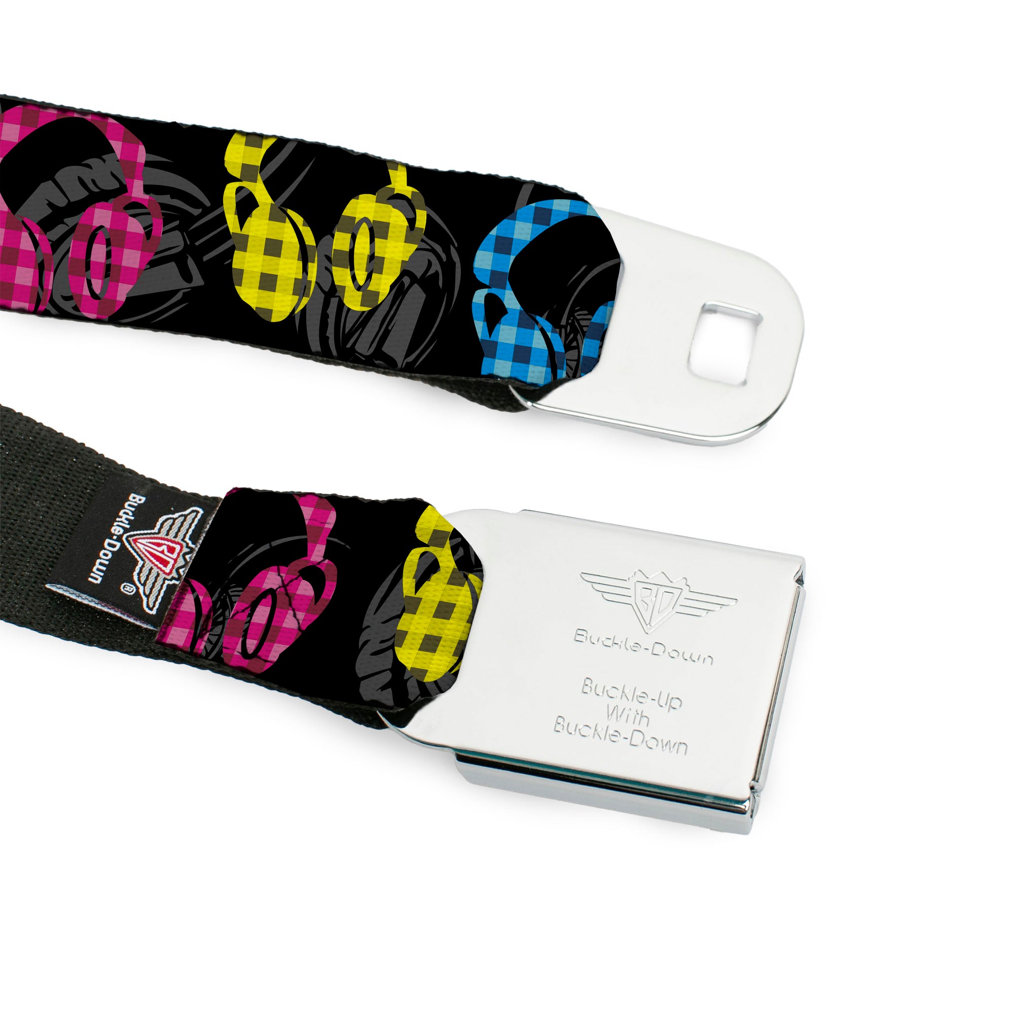 BD Wings Logo CLOSE-UP Full Color Black Silver Seatbelt Belt - Headphones Buffalo Plaid Black/Neon Webbing Seatbelt Belts Buckle-Down