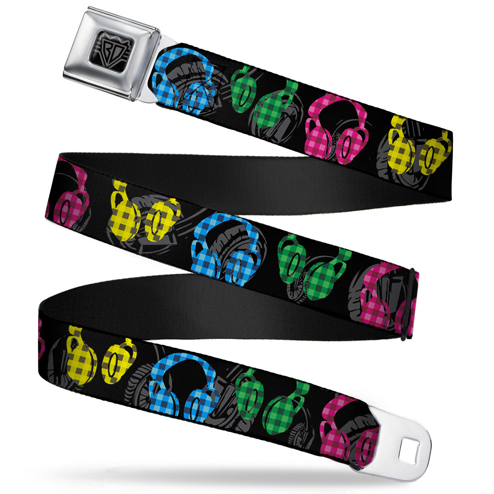 BD Wings Logo CLOSE-UP Full Color Black Silver Seatbelt Belt - Headphones Buffalo Plaid Black/Neon Webbing Seatbelt Belts Buckle-Down