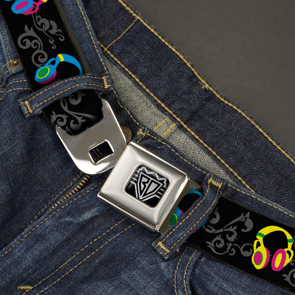 BD Wings Logo CLOSE-UP Full Color Black Silver Seatbelt Belt - Headphones Curls Black/Gray/Neon Webbing Seatbelt Belts Buckle-Down