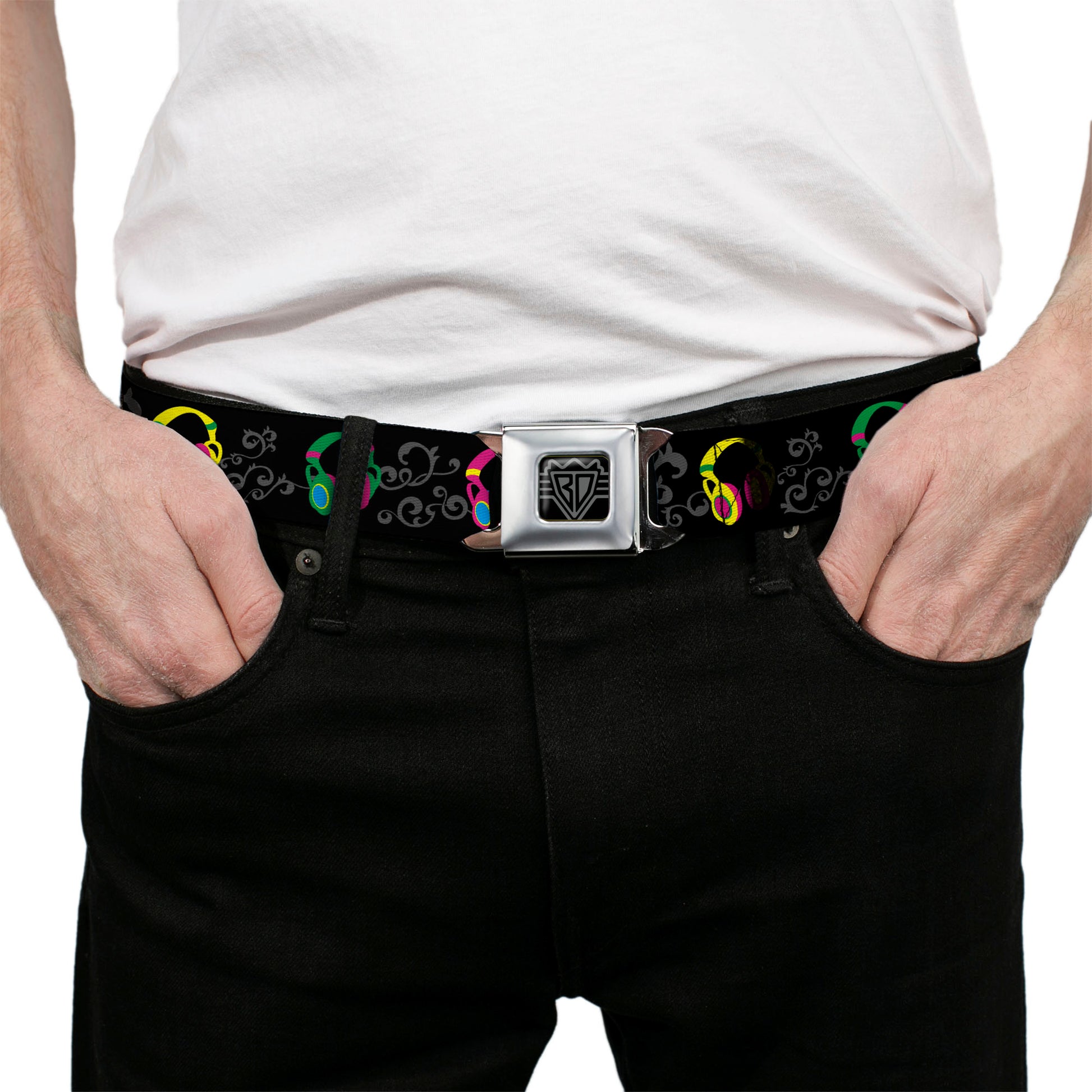 BD Wings Logo CLOSE-UP Full Color Black Silver Seatbelt Belt - Headphones Curls Black/Gray/Neon Webbing Seatbelt Belts Buckle-Down