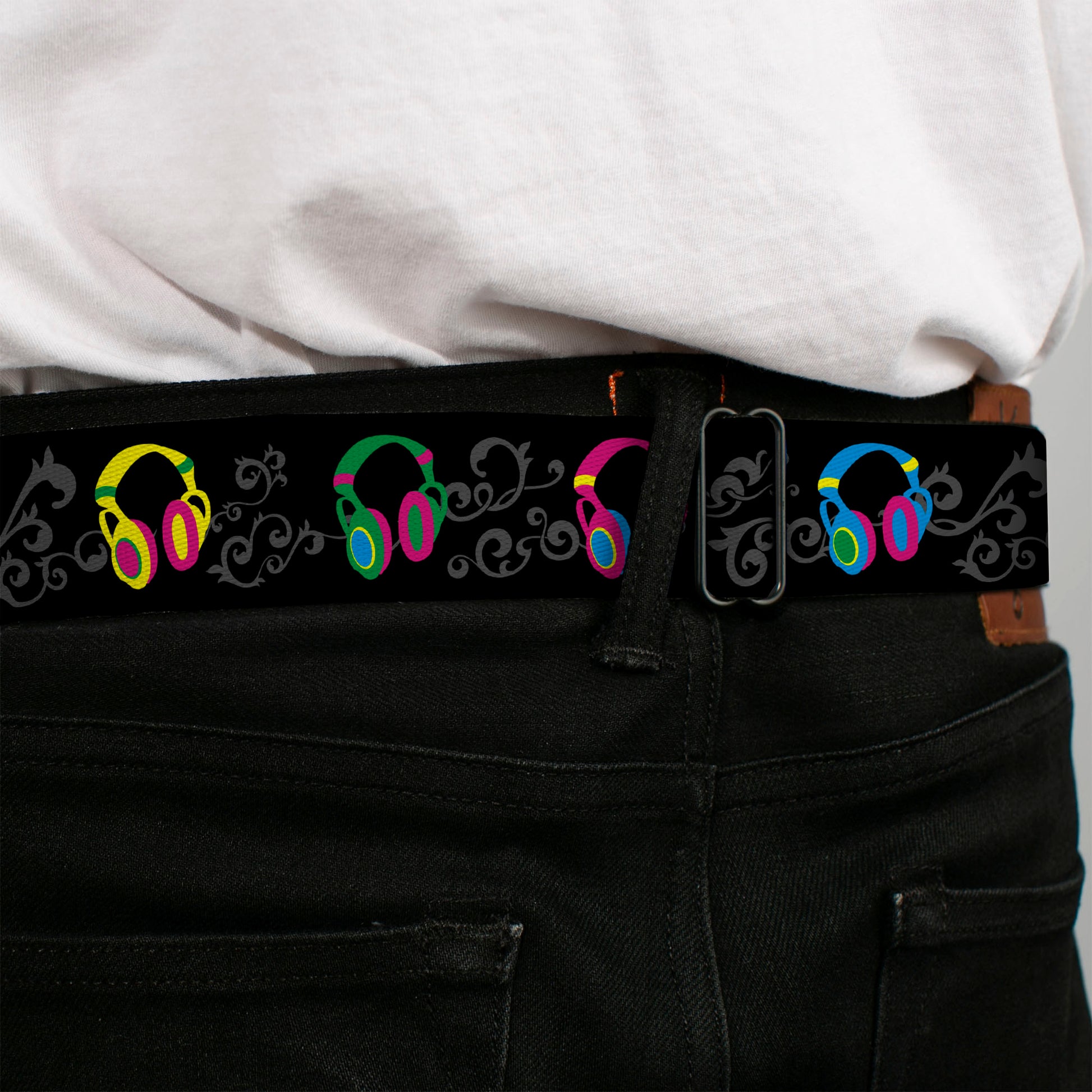 BD Wings Logo CLOSE-UP Full Color Black Silver Seatbelt Belt - Headphones Curls Black/Gray/Neon Webbing Seatbelt Belts Buckle-Down