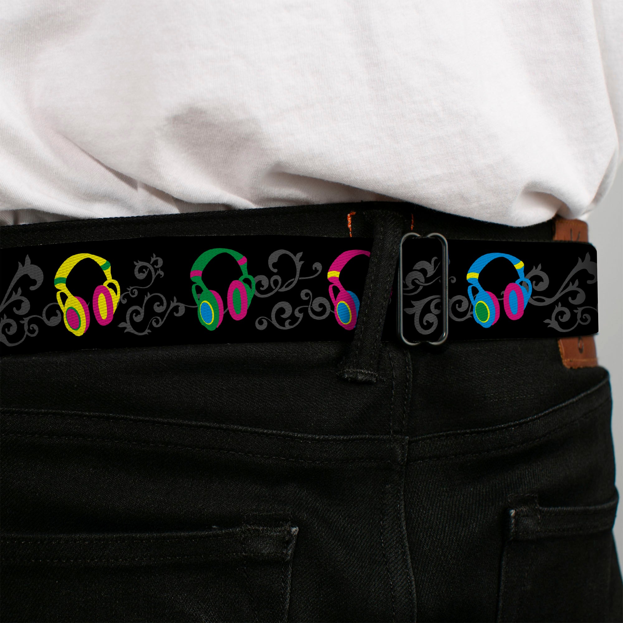 BD Wings Logo CLOSE-UP Full Color Black Silver Seatbelt Belt - Headphones Curls Black/Gray/Neon Webbing Seatbelt Belts Buckle-Down